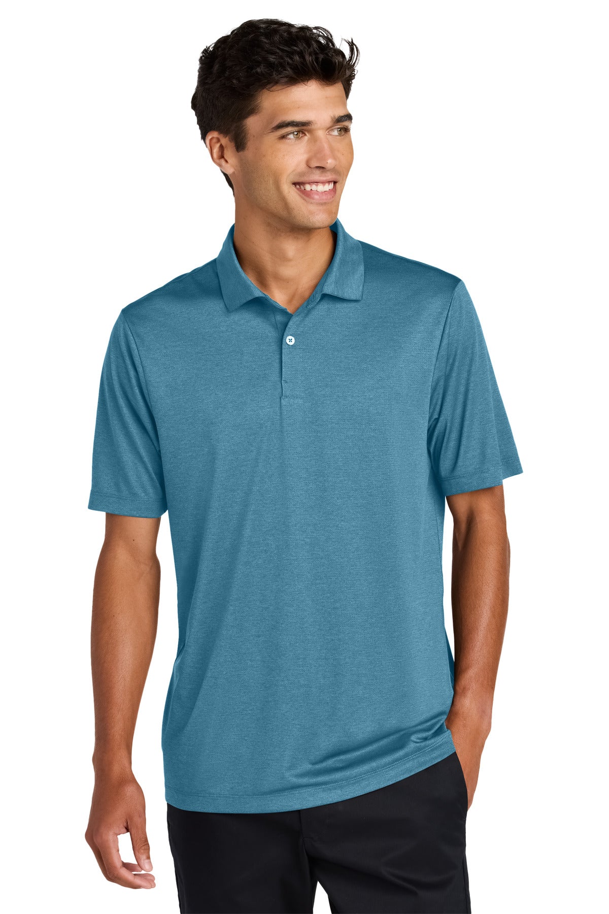 Mercer+Mettle Recharge Jersey Polo in harbor blue heather, front view showing classic polo collar and short sleeves.