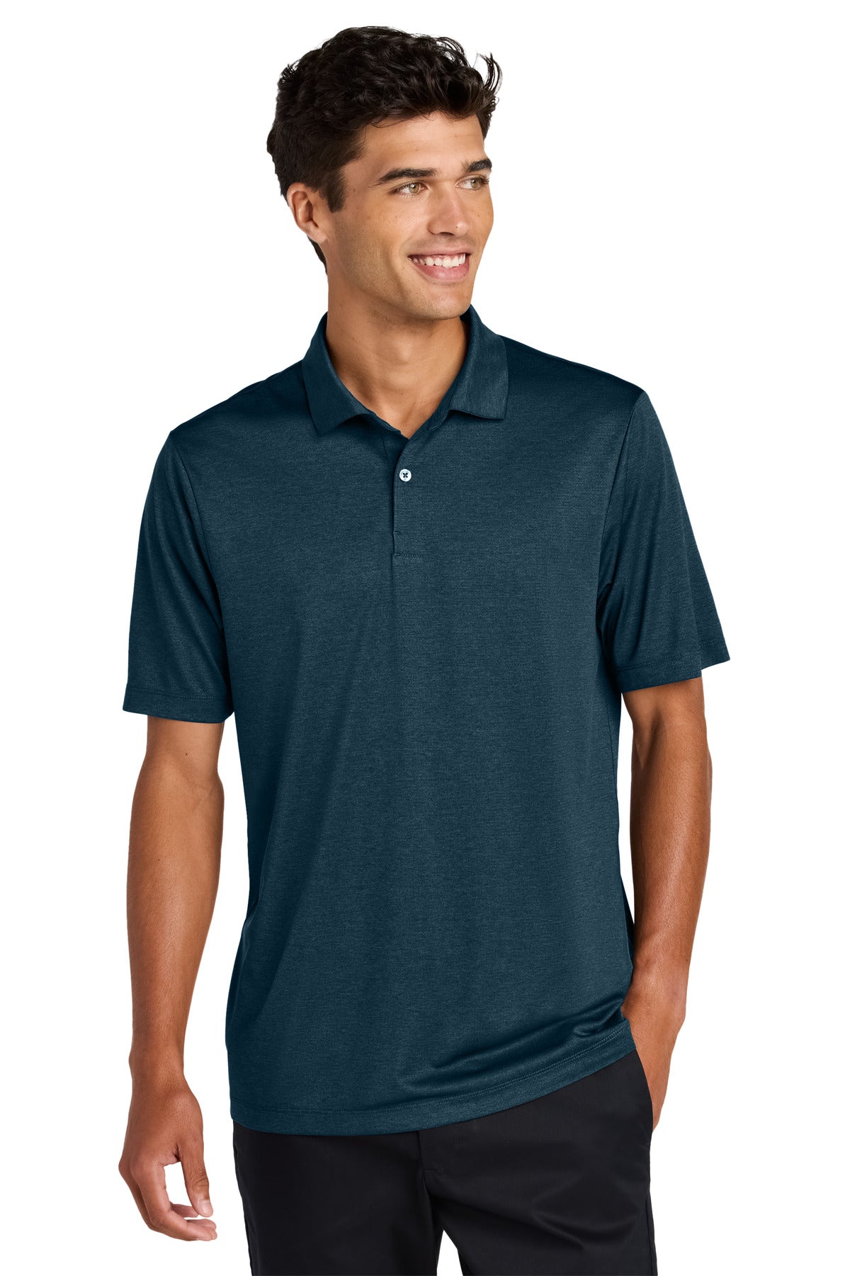 Mercer+Mettle Recharge Jersey Polo MM1020 in insignia blue heather, front view showing classic polo collar and branding details.