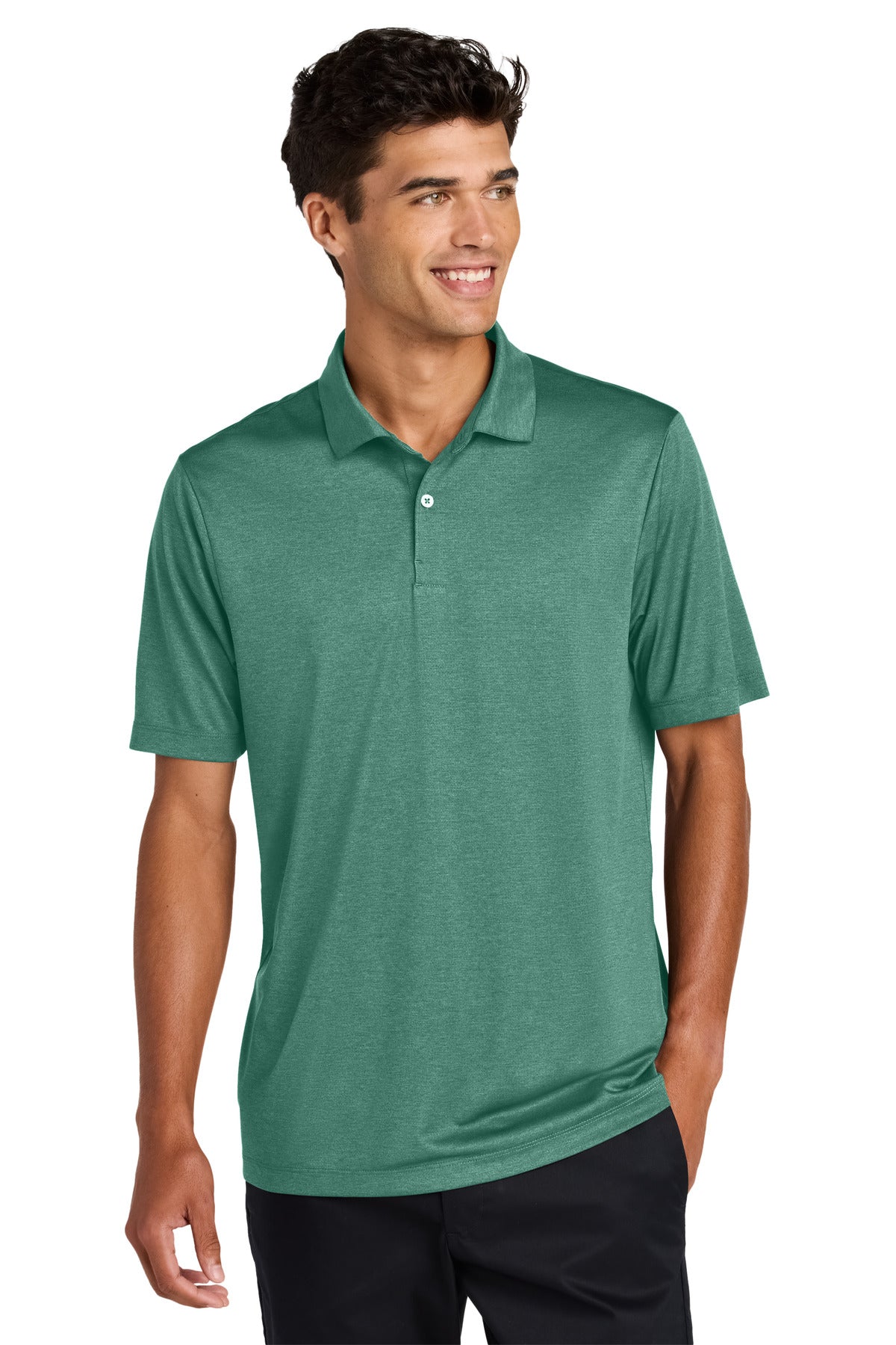Front view of Mercer+Mettle Recharge Jersey Polo in sage heather, featuring a classic polo collar and short sleeves.