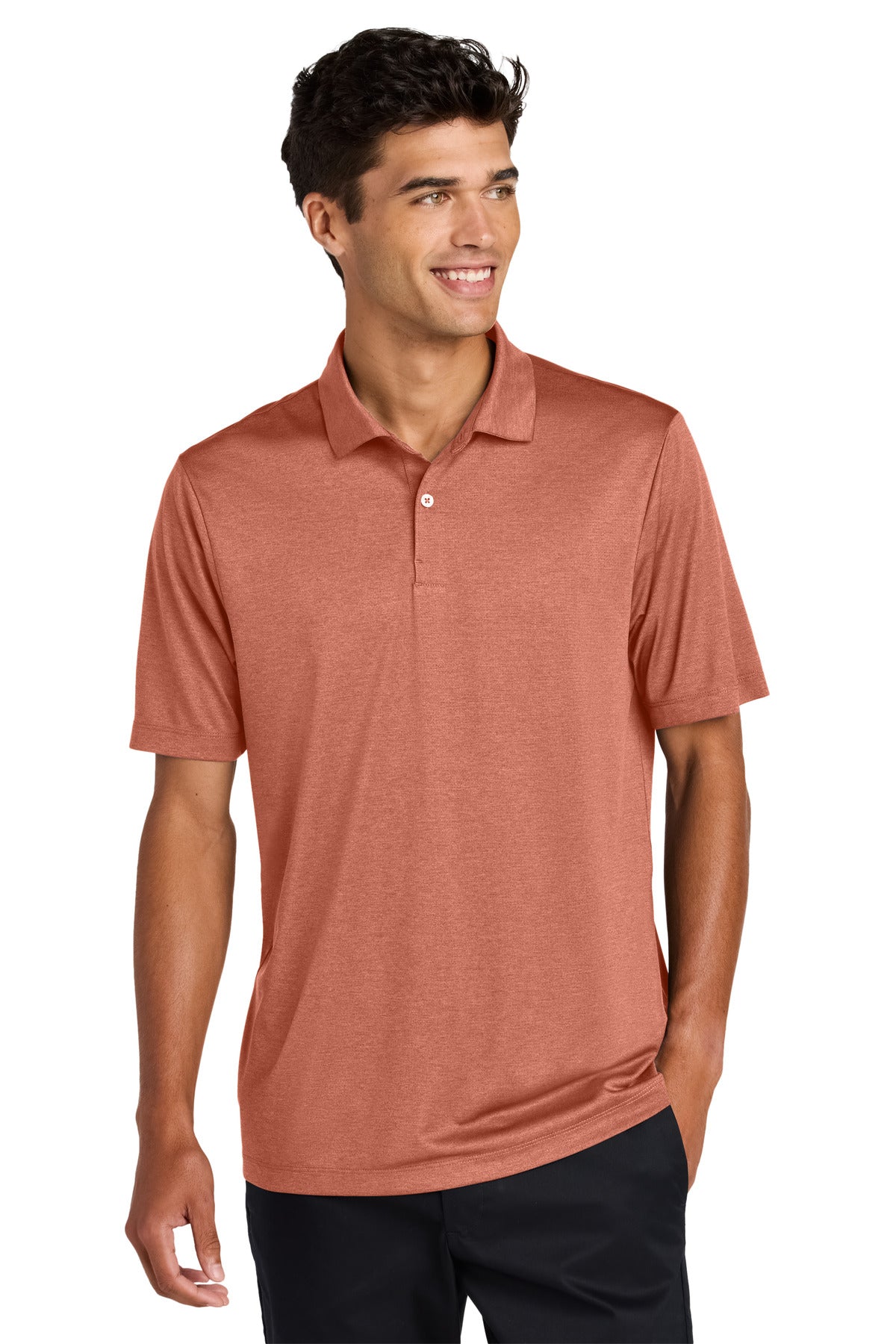 Mercer+Mettle Recharge Jersey Polo in sienna heather, front view showing classic polo collar and short sleeves.