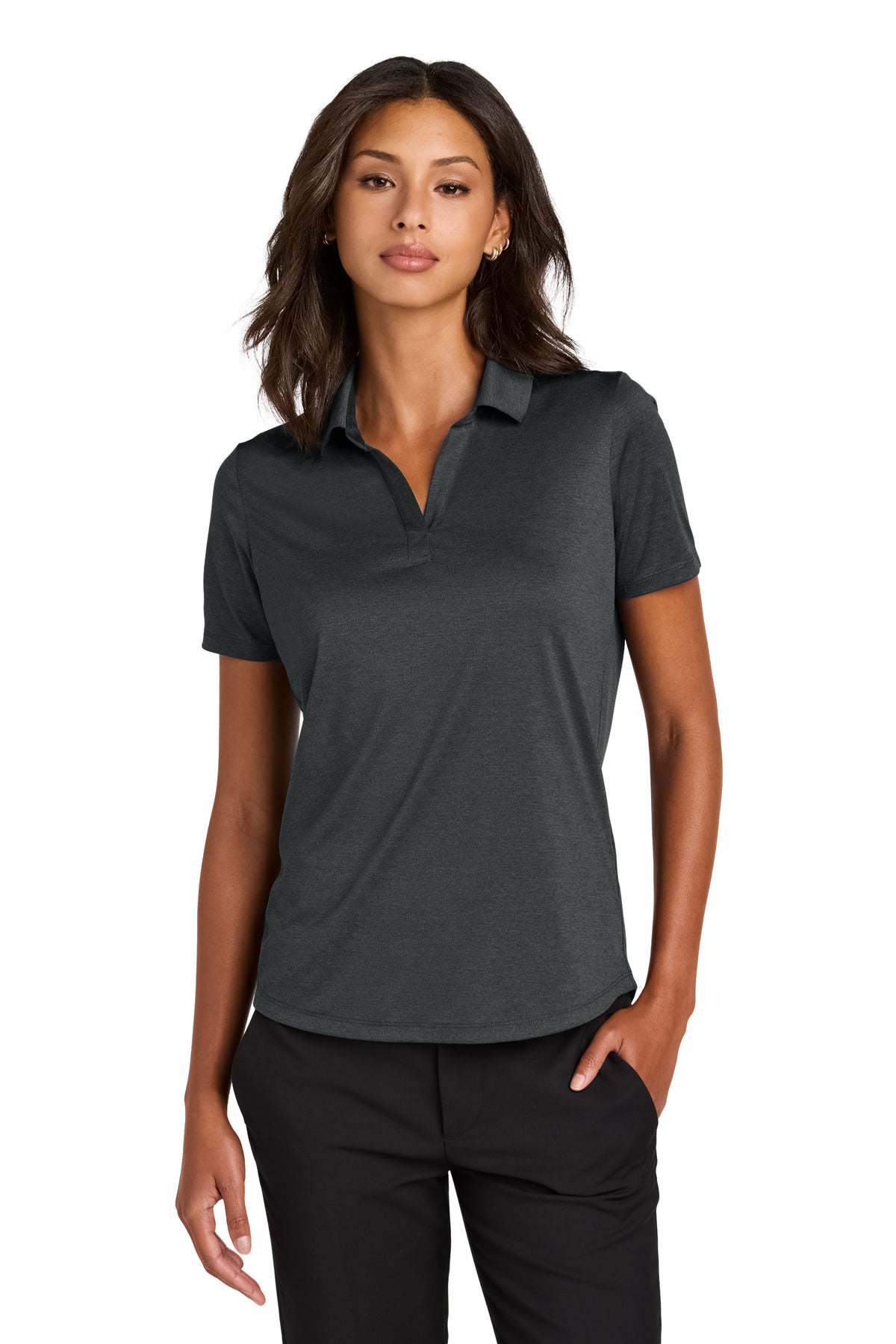 Mercer+Mettle women's Recharge Jersey Polo in anchor grey heather, front view showing collar and short sleeves.
