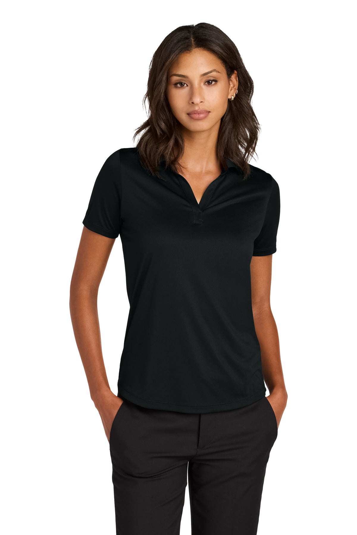 Mercer+Mettle Women's Recharge Jersey Polo in deep black, front view showing classic collar and short sleeves.