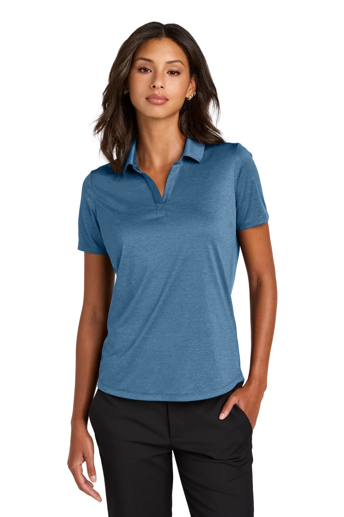 Mercer+Mettle women's Recharge Jersey Polo in harbor blue heather, front view showing classic polo collar and short sleeves.