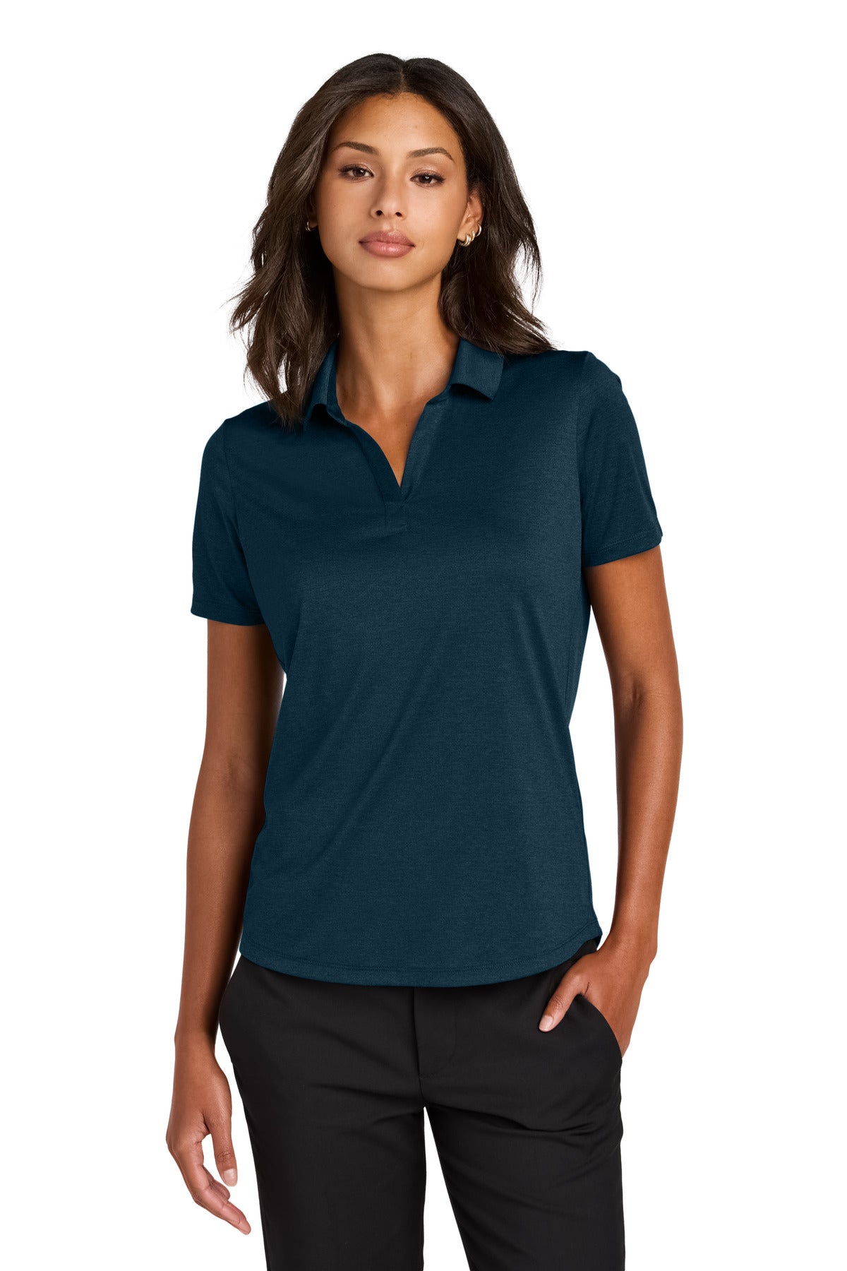 Front view of Mercer+Mettle Women's Recharge Jersey Polo in insignia blue heather, featuring a classic polo collar and logo embroidery.