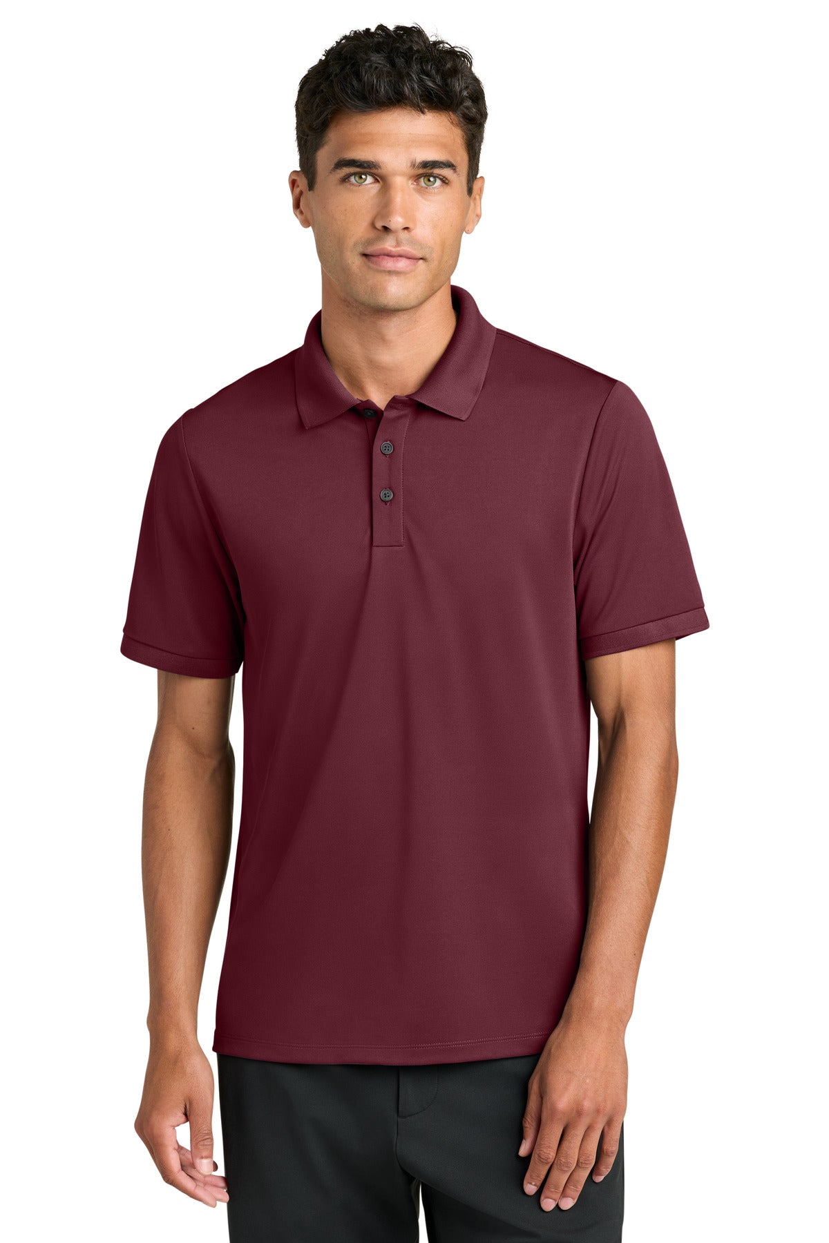 Mercer+Mettle Everyday Performance Polo MM1030 in burgundy, front view on male model, showcasing comfortable fit and breathable fabric.
