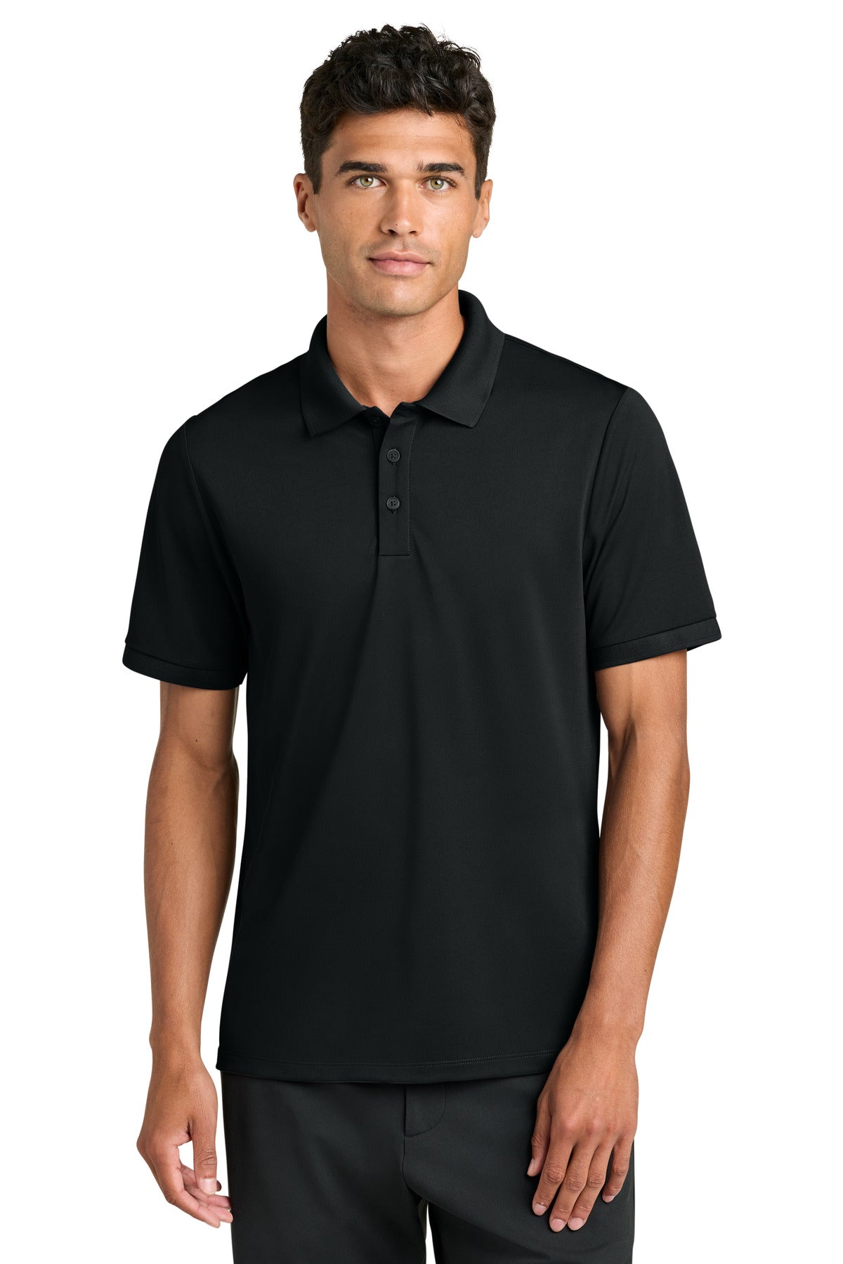 Mercer+Mettle Everyday Performance Polo MM1030 in deep black, front view on male model showcasing the comfortable fit and fabric.