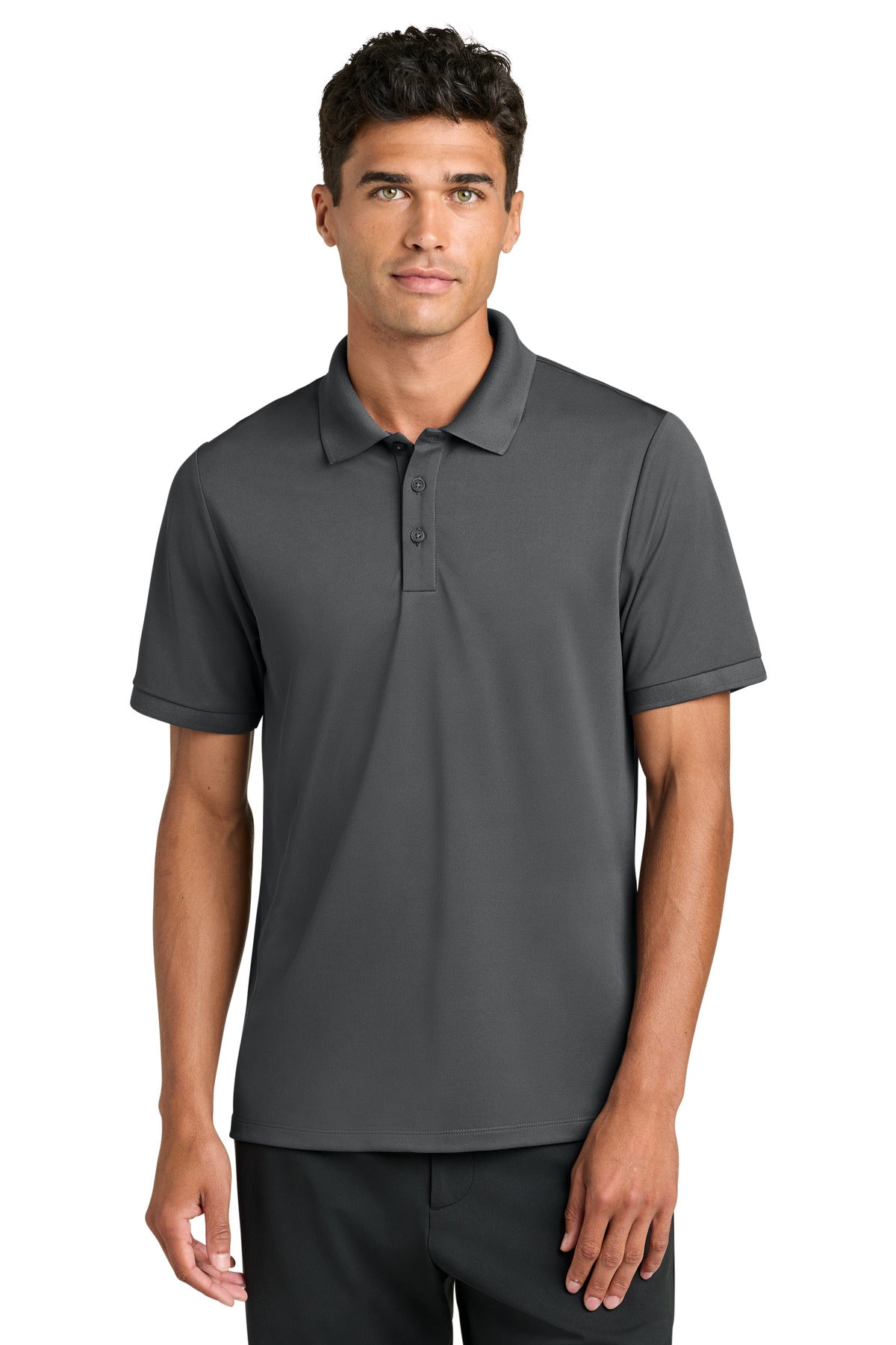 Mercer+Mettle Everyday Performance Polo in storm grey, front view showing lightweight fabric and classic polo collar.