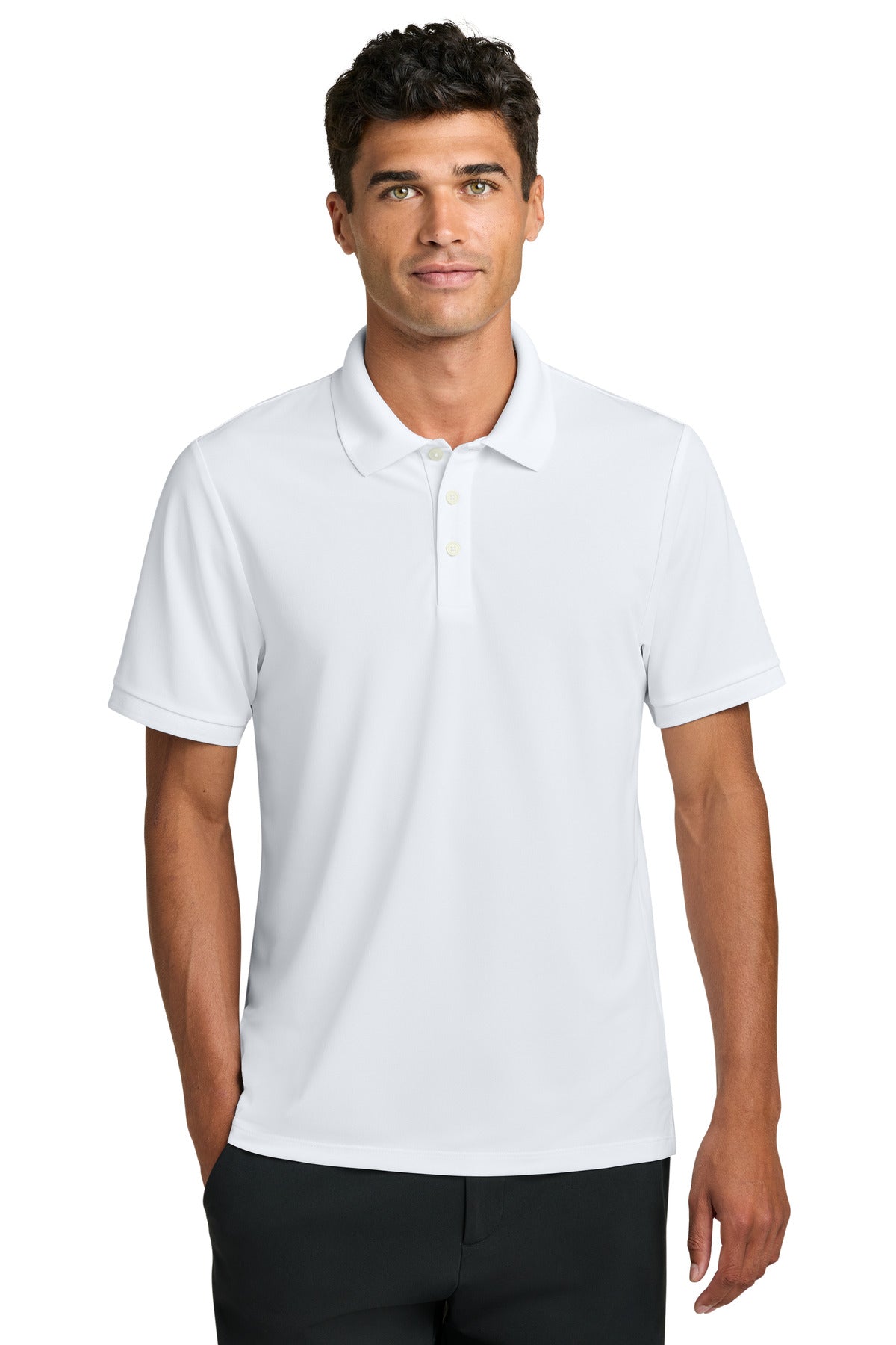 White Mercer+Mettle Everyday Performance Polo MM1030 worn by a model, front view showing classic fit and breathable fabric.