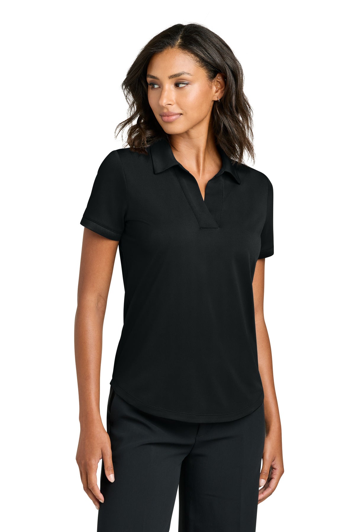 Mercer+Mettle women's deep black performance polo shirt with front view, showcasing a classic collar and short sleeves.