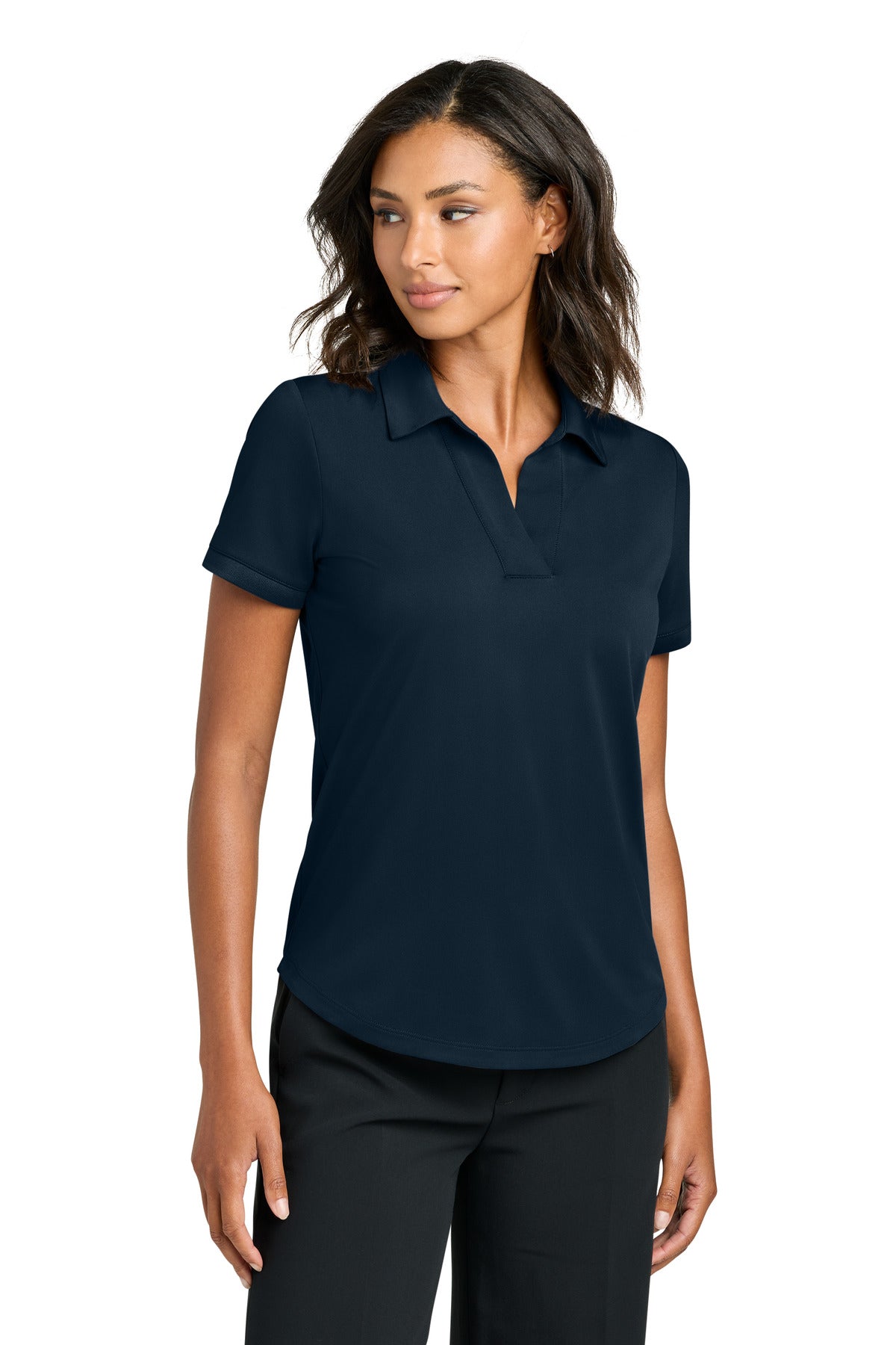Mercer+Mettle women's performance polo shirt in night navy, front view, lightweight and breathable fabric for everyday wear.