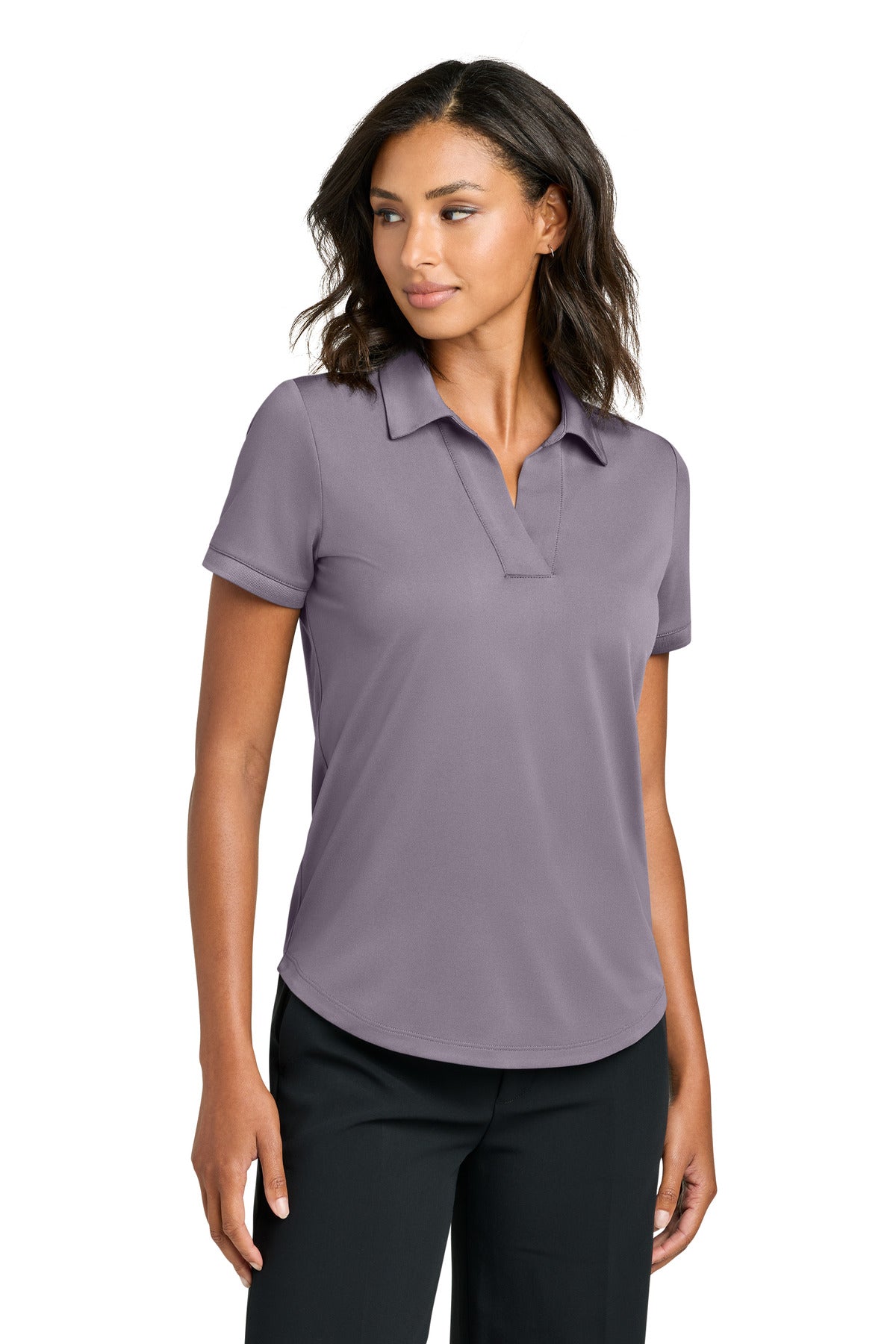 Mercer+Mettle women's purple ash performance polo shirt, front view showing lightweight fabric and classic polo collar.