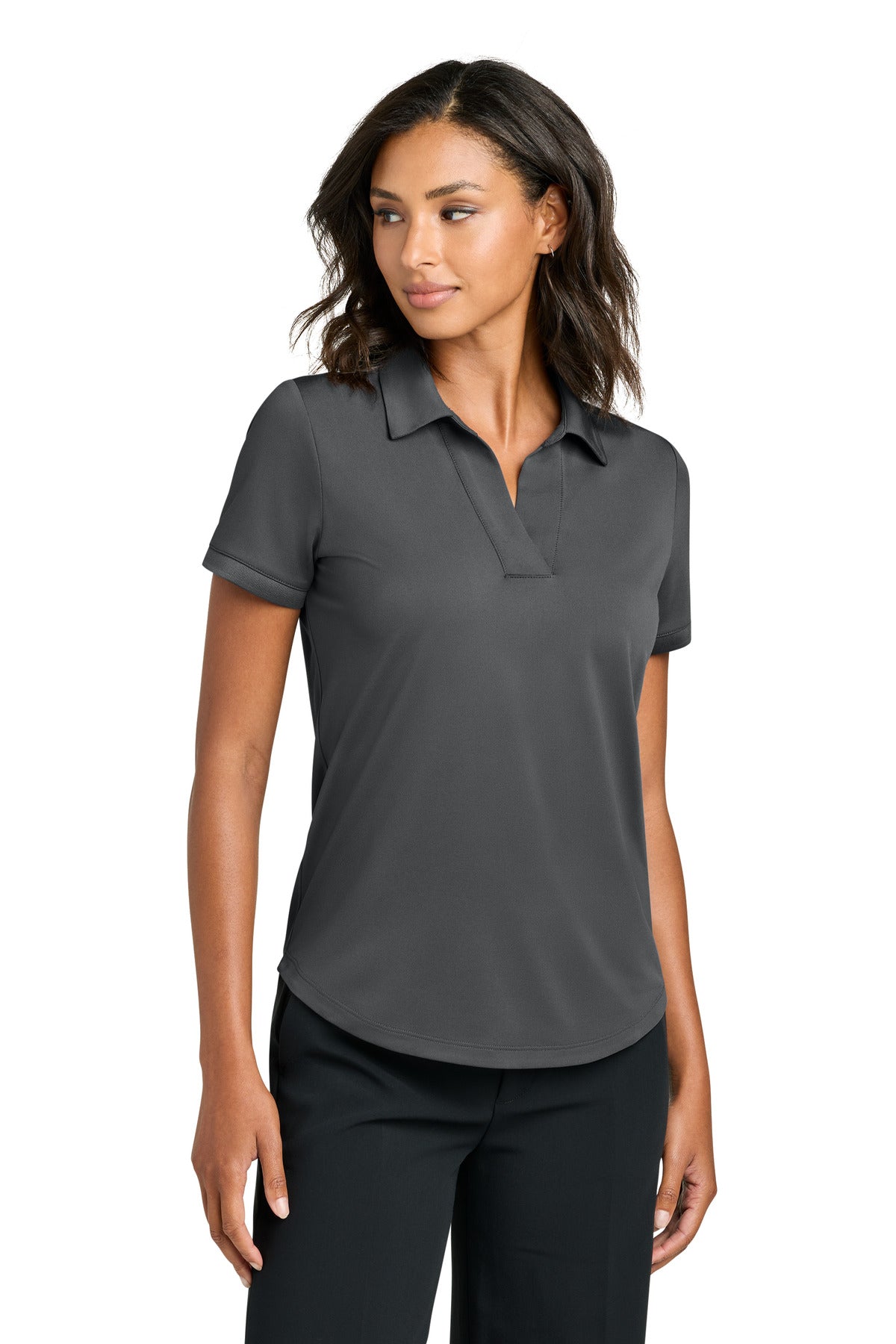 Mercer+Mettle women's Storm Grey Performance Polo shirt, front view, lightweight and breathable athletic apparel for women.