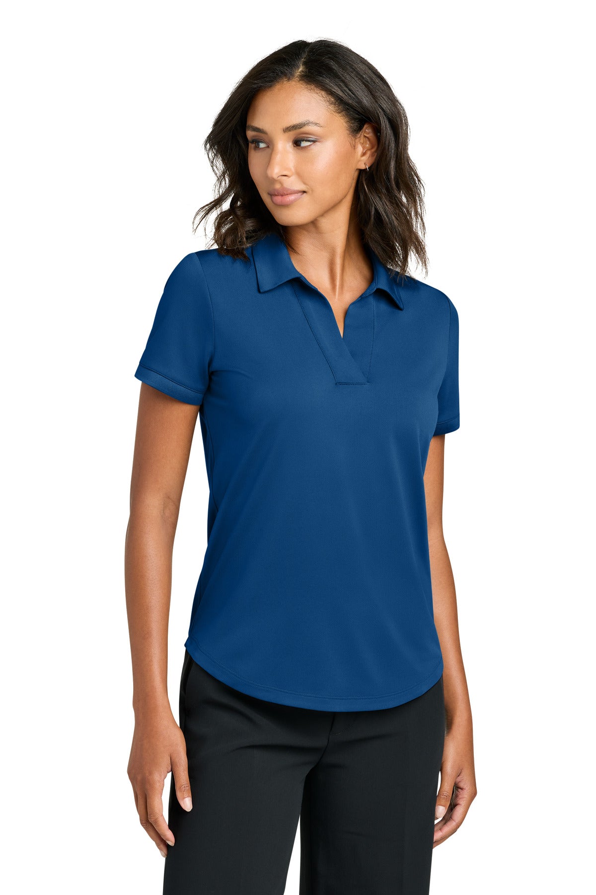 Mercer+Mettle women's performance polo shirt in true blue, front view showing lightweight fabric and classic fit.