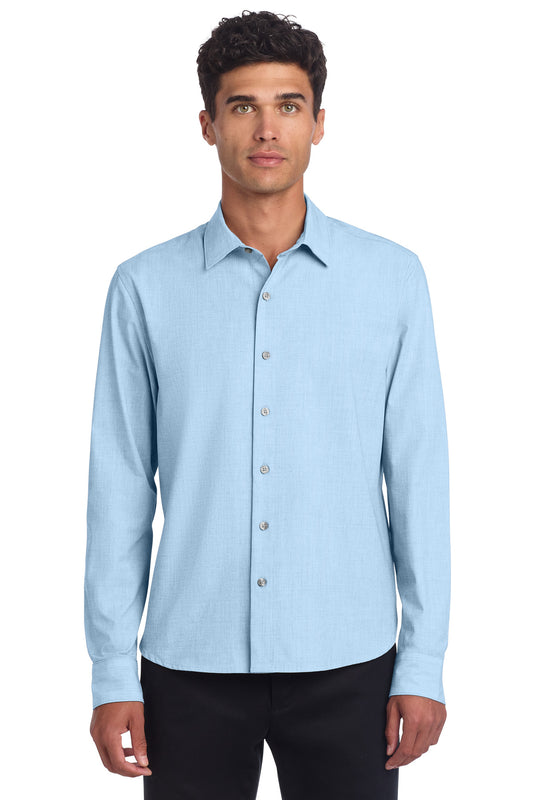Mercer+Mettle long sleeve stretch woven shirt in air blue, shown from front on a model. Comfortable, stylish men's shirt.