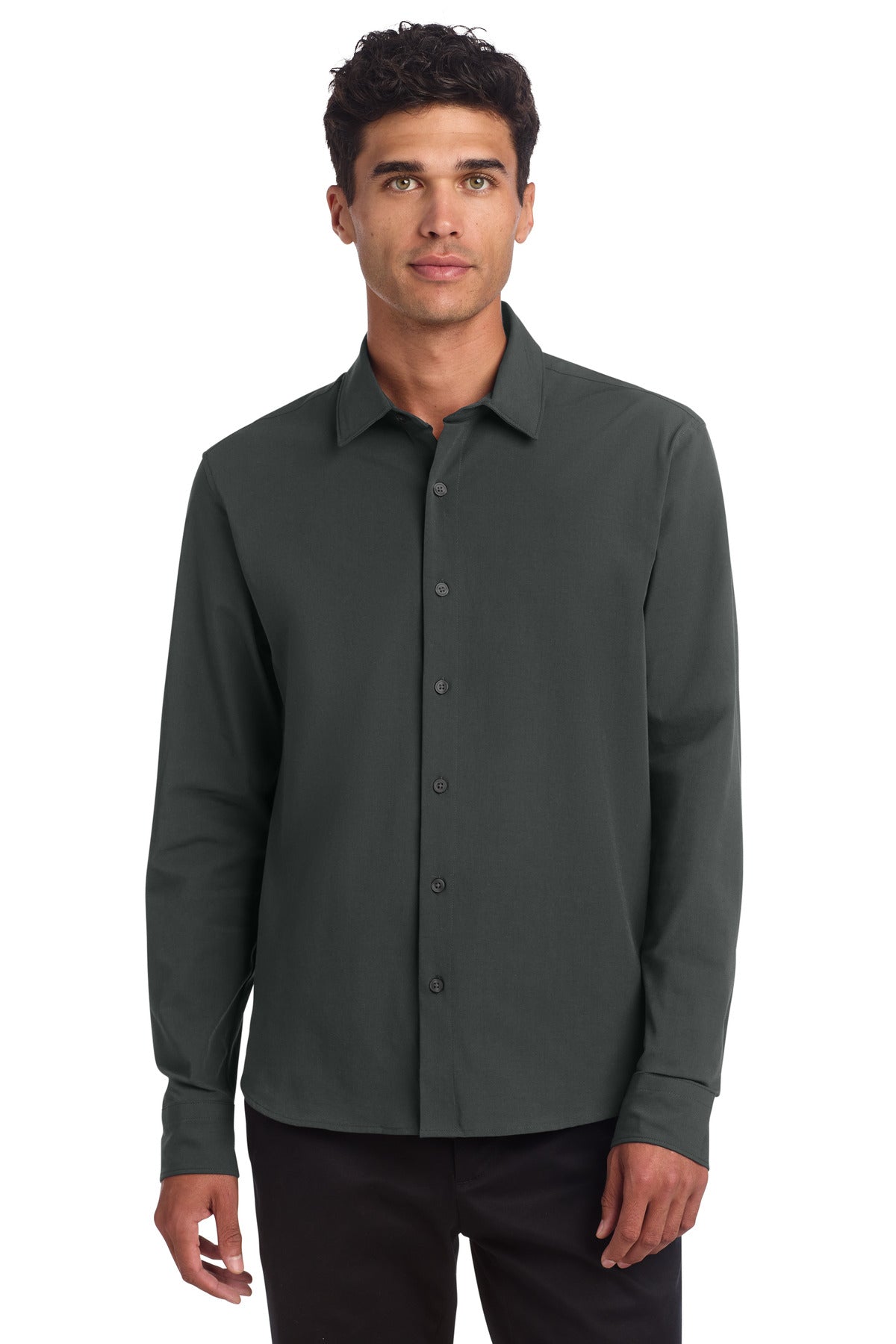 Mercer+Mettle long sleeve stretch woven shirt in anchor grey, front view showcasing tailored fit and button details.