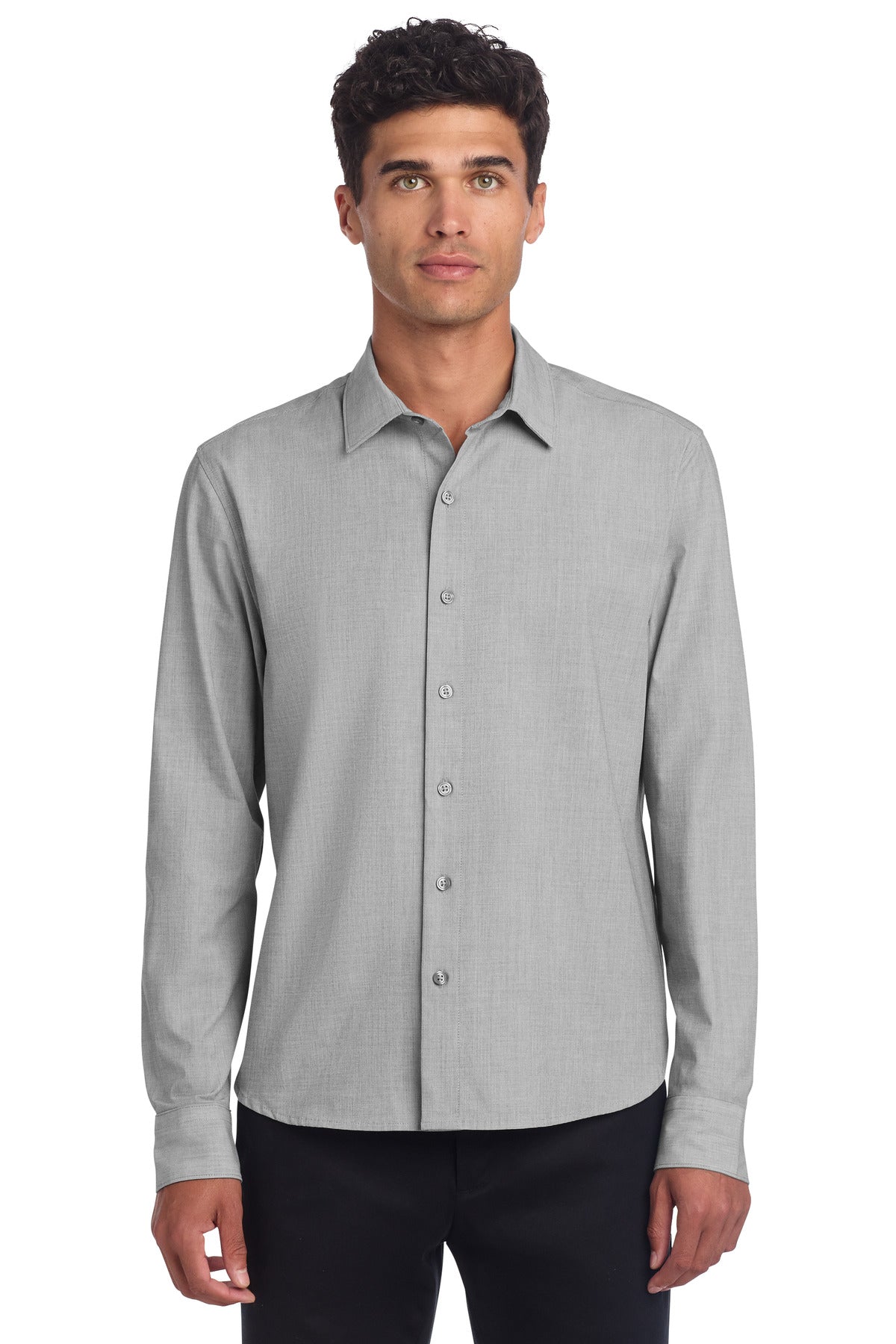 Mercer+Mettle long sleeve stretch woven shirt in gusty grey, shown front view on model. Comfortable, stylish men's casual wear.