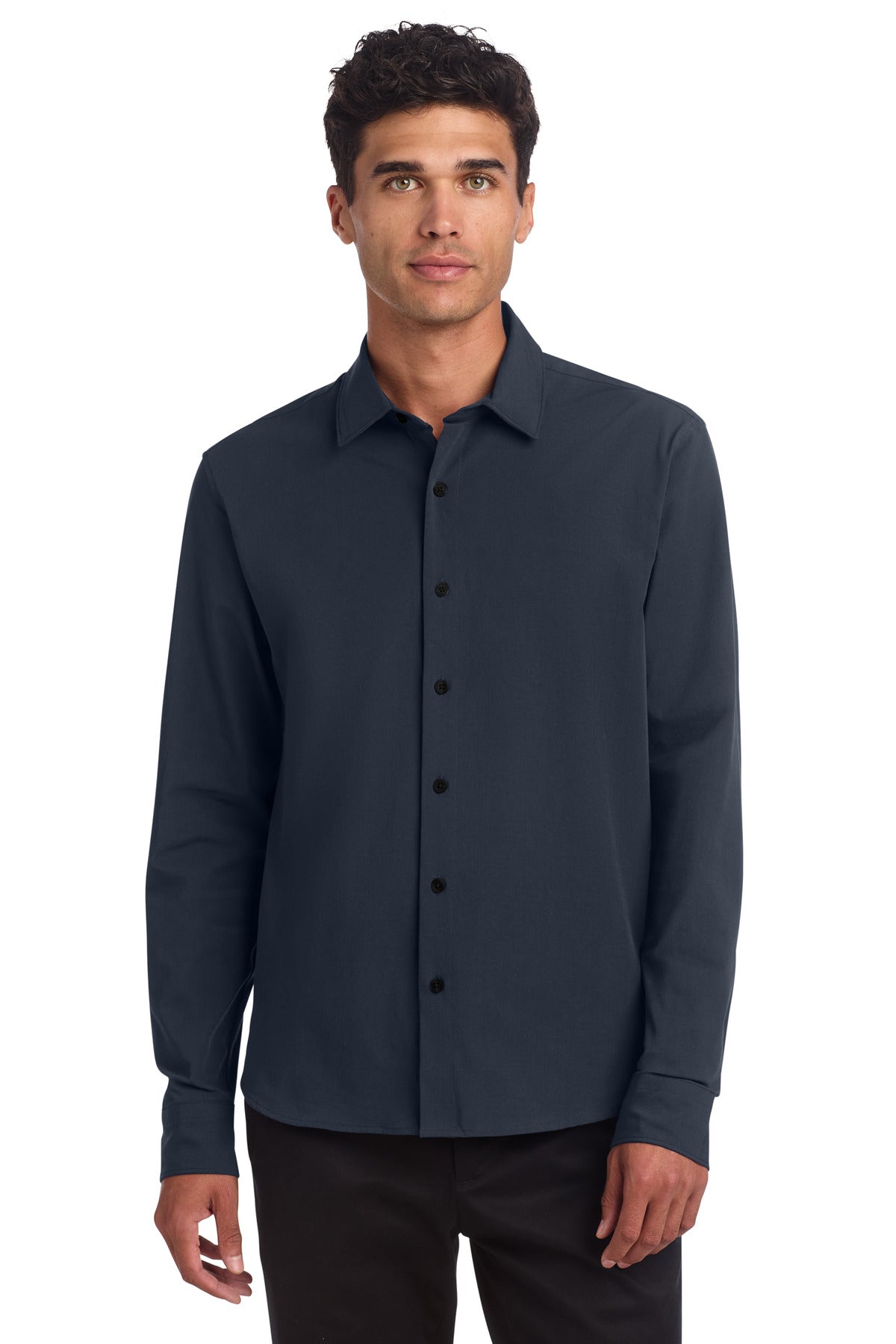 Mercer+Mettle long sleeve stretch woven shirt in night navy, front view on male model.