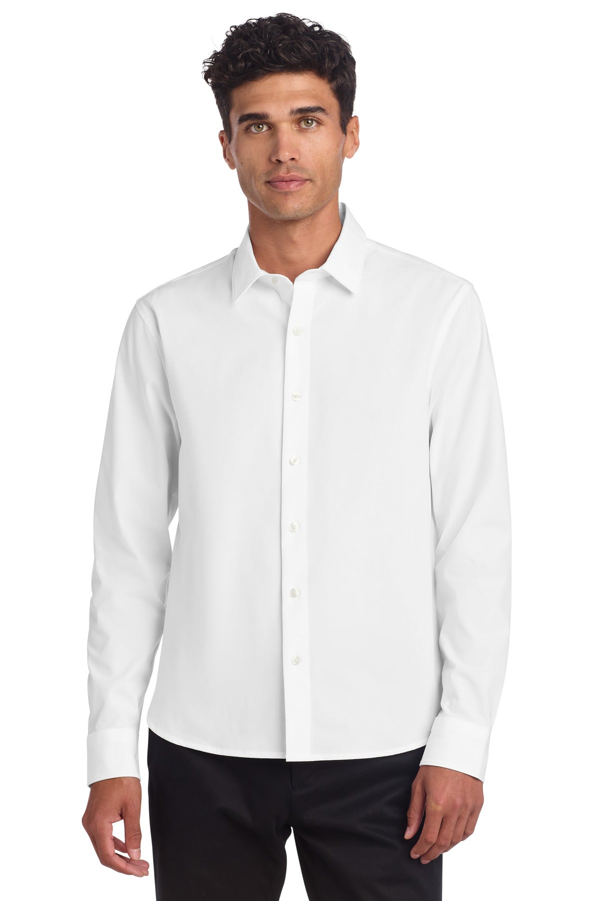 White Mercer+Mettle long sleeve stretch woven shirt on a model, showing front view with collar and button details.