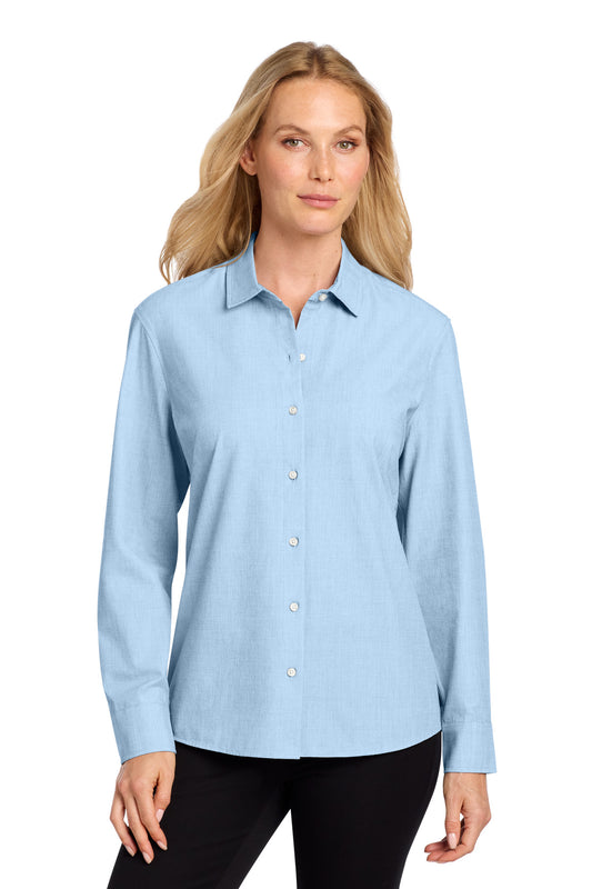 Airblue Mercer+Mettle women's long sleeve stretch woven shirt front view, showcasing lightweight fabric and tailored fit.