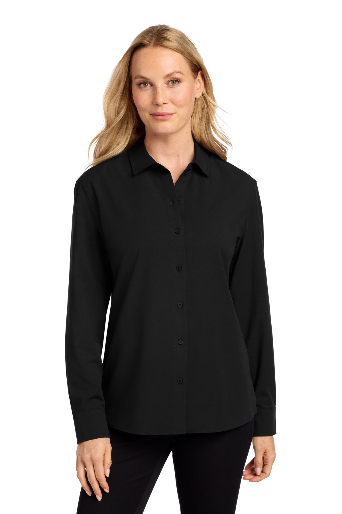 Mercer+Mettle women's long sleeve stretch woven shirt in deep black, front view showing fitted design and collar detail.
