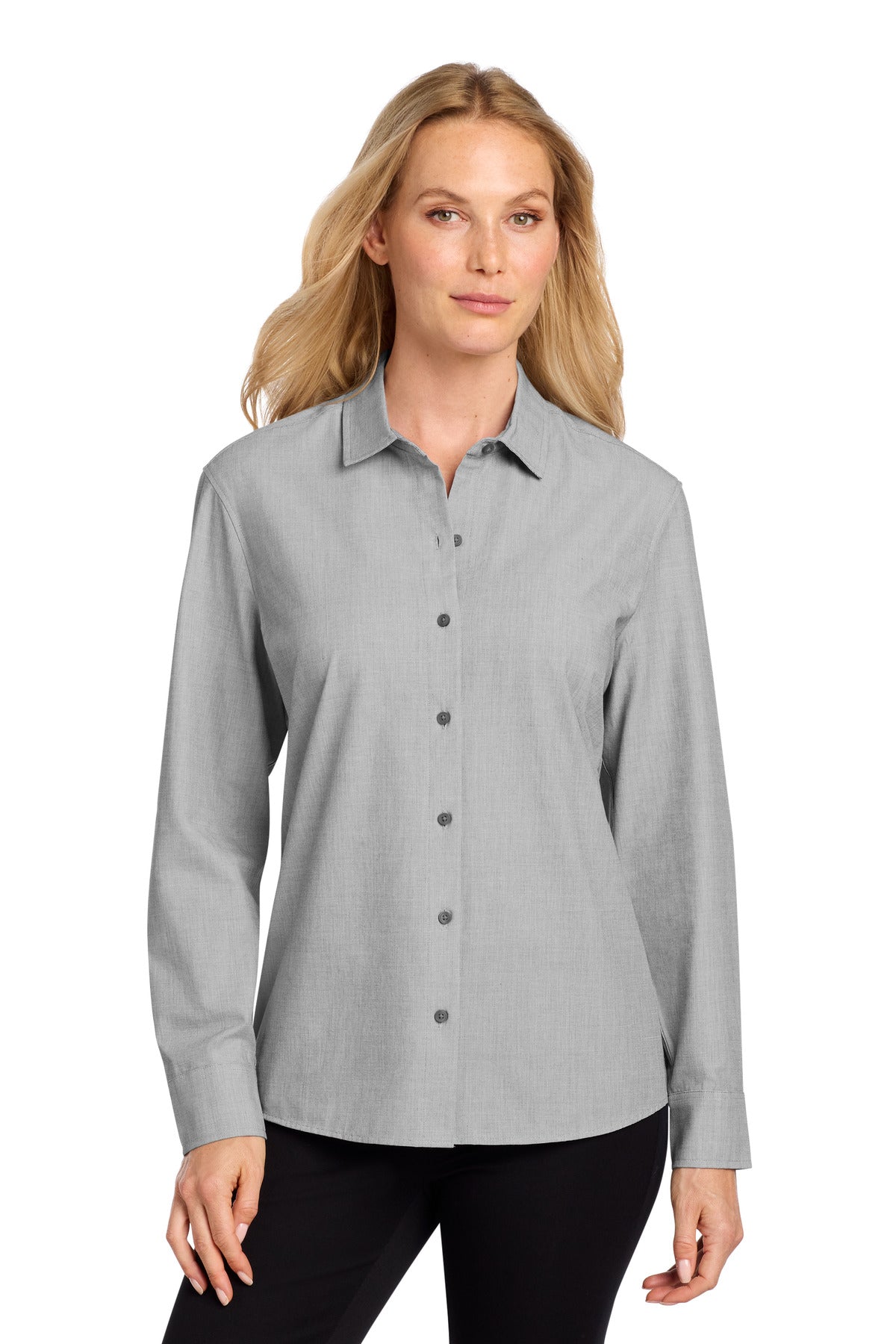Mercer+Mettle women's long sleeve stretch woven shirt in gusty grey, shown from the front. Comfortable, fitted style for women.
