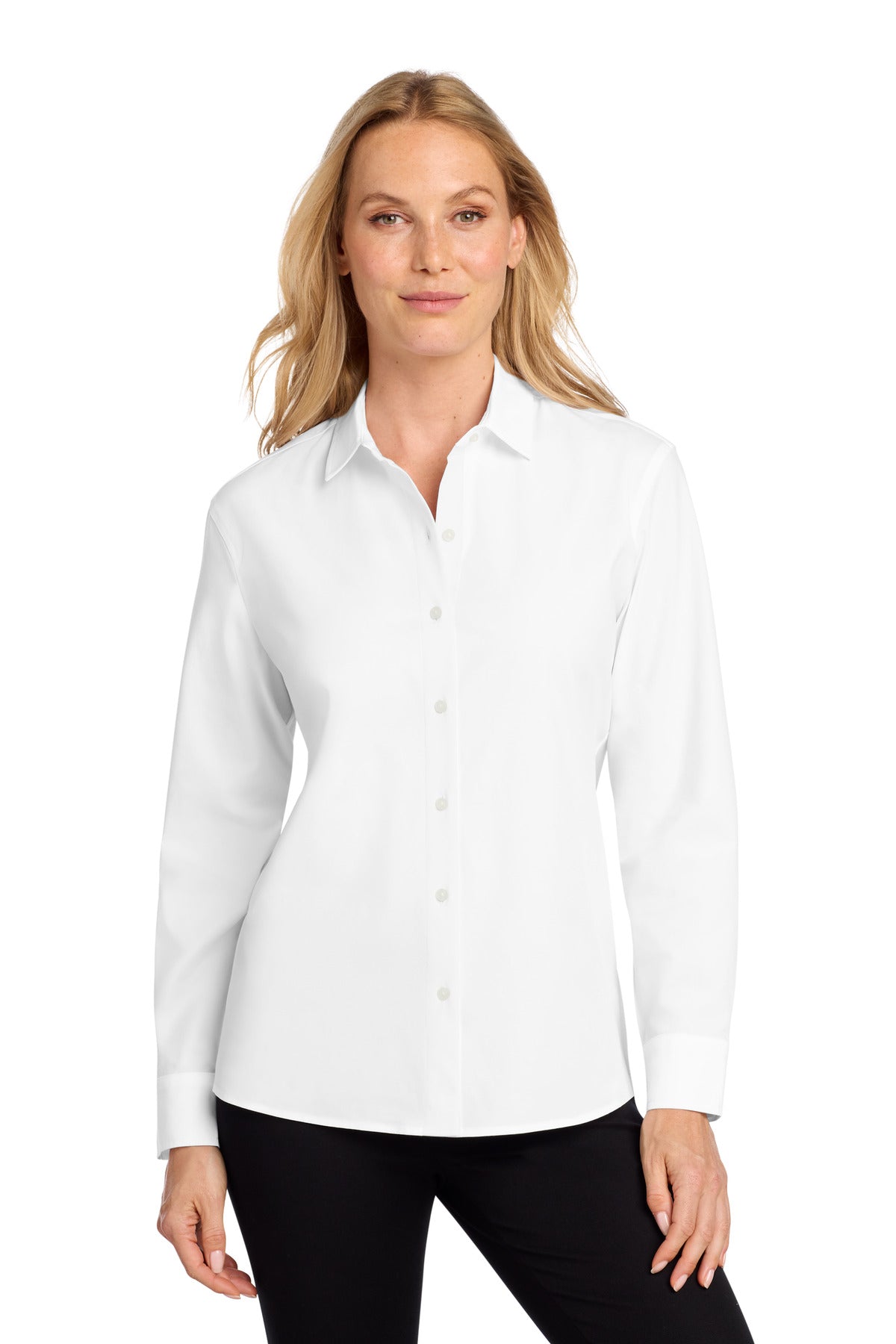 White Mercer+Mettle women's long sleeve stretch woven shirt, front view on a model showing fitted design and collar details.
