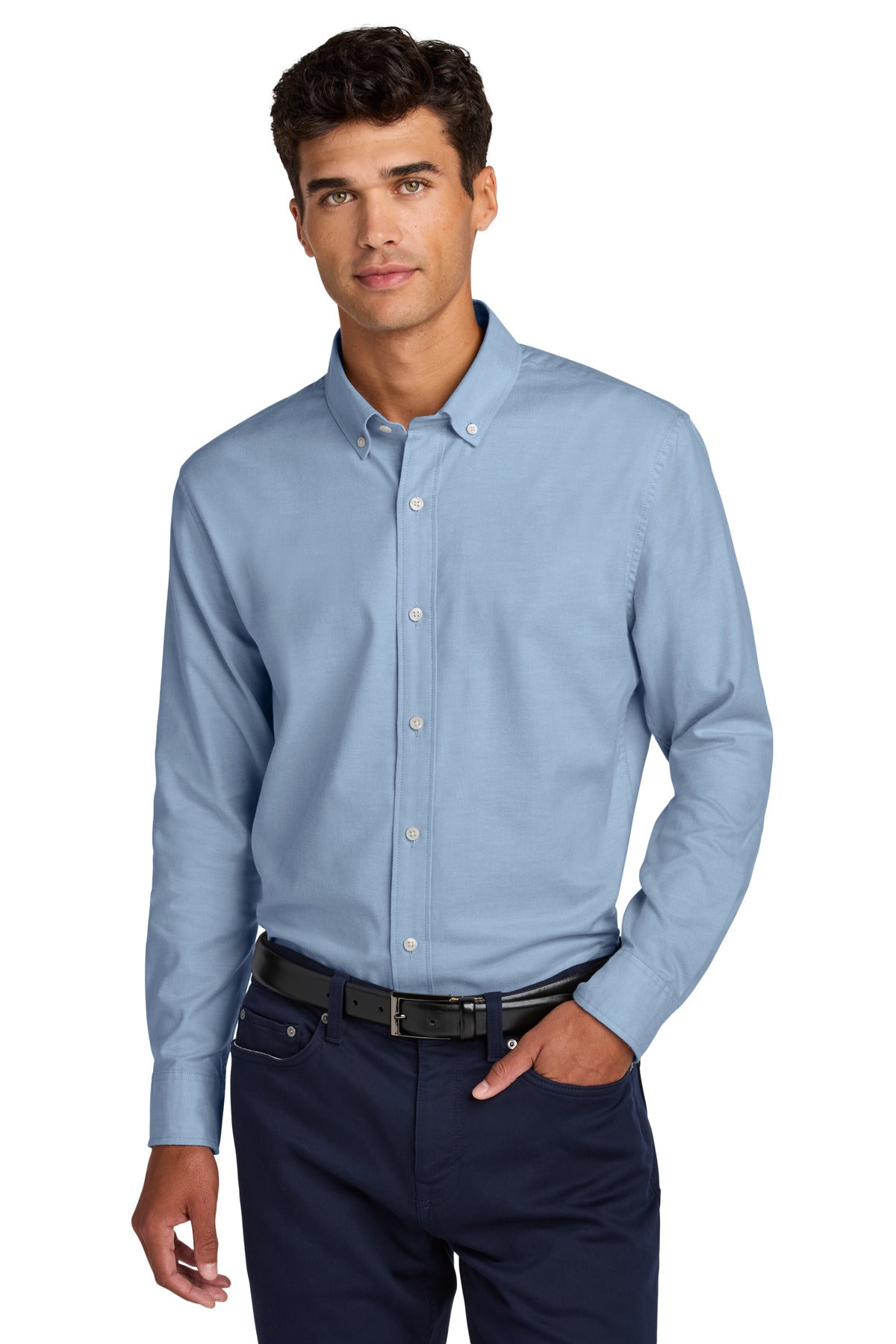 Cobalt blue Mercer+Mettle long sleeve modern Oxford shirt MM2002 worn by a model, front view showing collar and button details.
