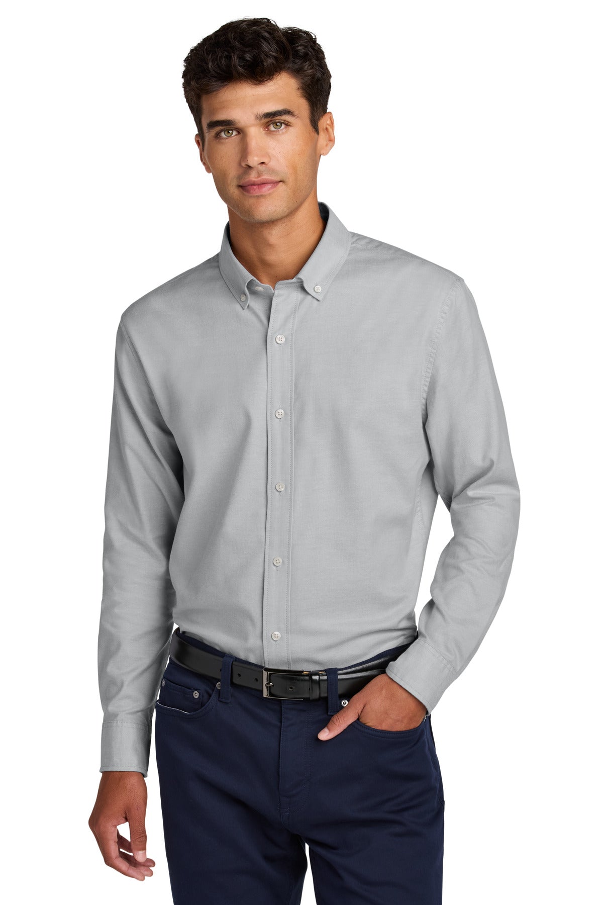 Mercer+Mettle long sleeve modern Oxford shirt in gusty grey, front view on a model, showcasing classic collar and tailored fit.