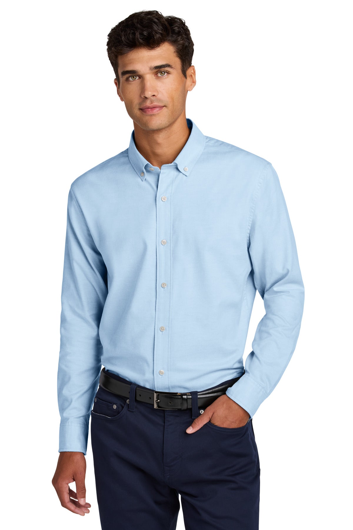 Light blue Mercer+Mettle long sleeve modern Oxford shirt, front view on a model, showcasing classic collar and tailored fit.