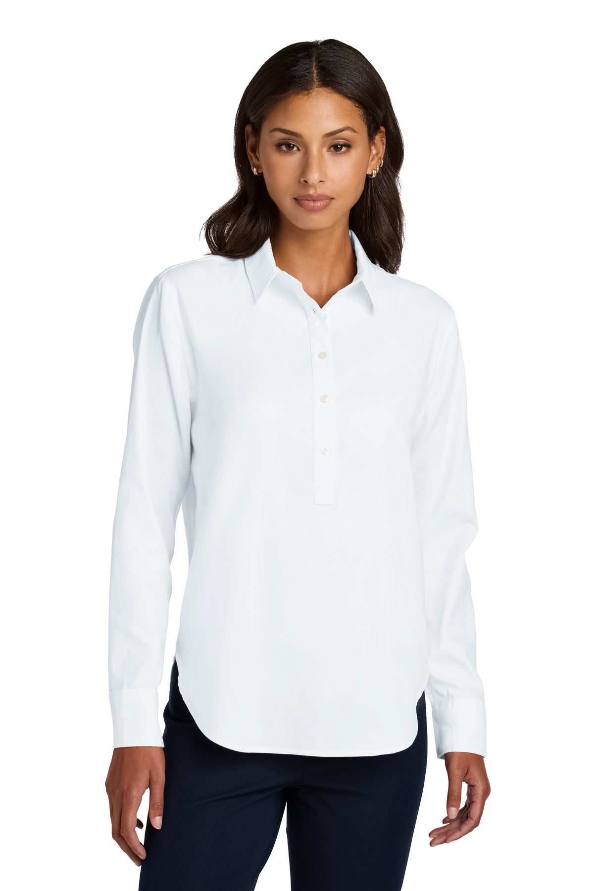 White Mercer+Mettle women's long sleeve modern Oxford shirt, front view on model showcasing classic collar and tailored fit.