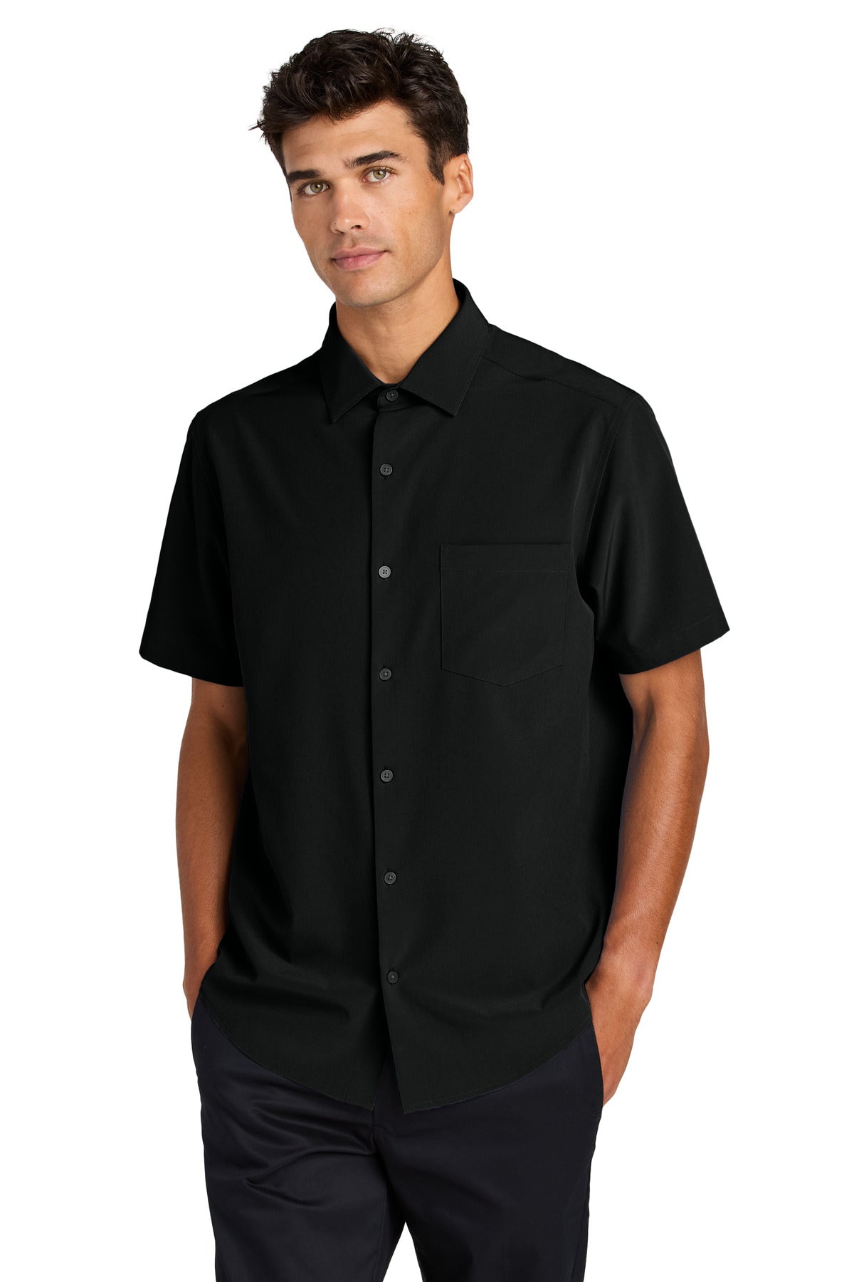 Mercer+Mettle Short Sleeve UV Capital Tech Shirt in deep black, front view showing lightweight, moisture-wicking fabric.