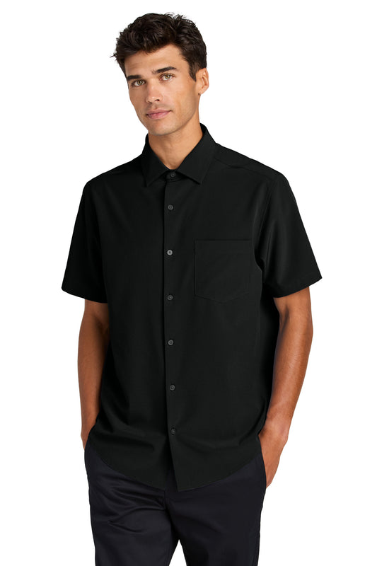 Mercer+Mettle Short Sleeve UV Capital Tech Shirt in deep black, front view showing lightweight, moisture-wicking fabric.