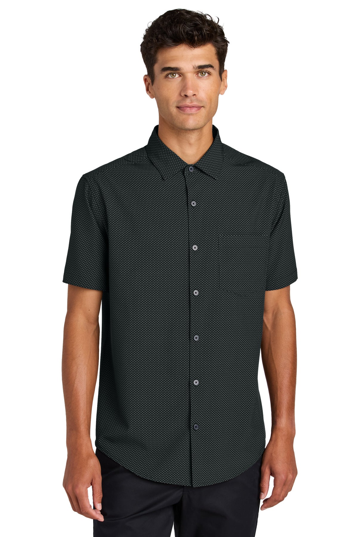 Mercer+Mettle Short Sleeve UV Capital Tech Shirt in deep black triangle print, front view showing lightweight, performance fabric.