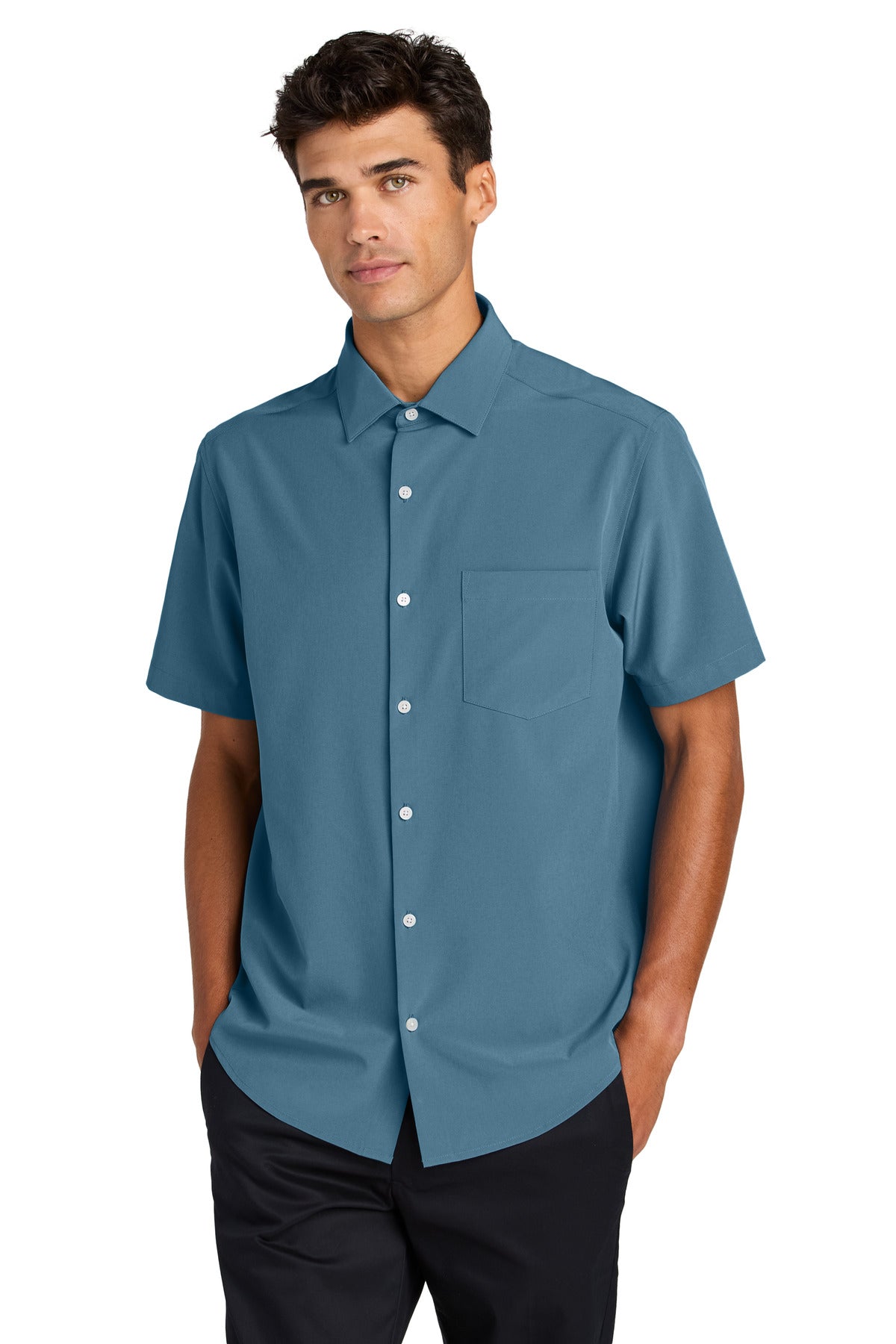 Mercer+Mettle short sleeve UV capital tech shirt in harbor blue, front view, designed for sun protection and active wear.