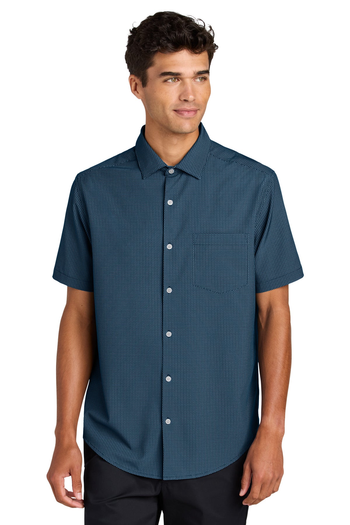 Mercer+Mettle short sleeve UV Capital Tech shirt in night navy dash print, front view showing lightweight, breathable fabric.