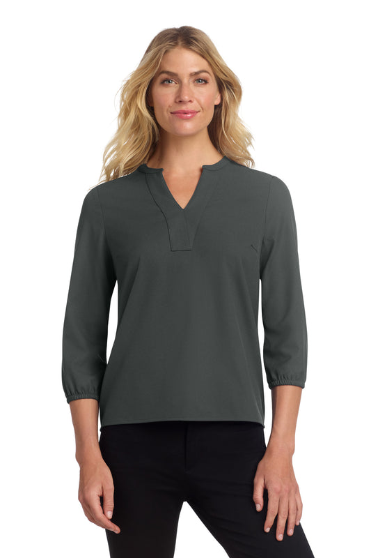 Mercer+Mettle women's stretch crepe 3/4-sleeve blouse in anchorgrey, front view on a model.