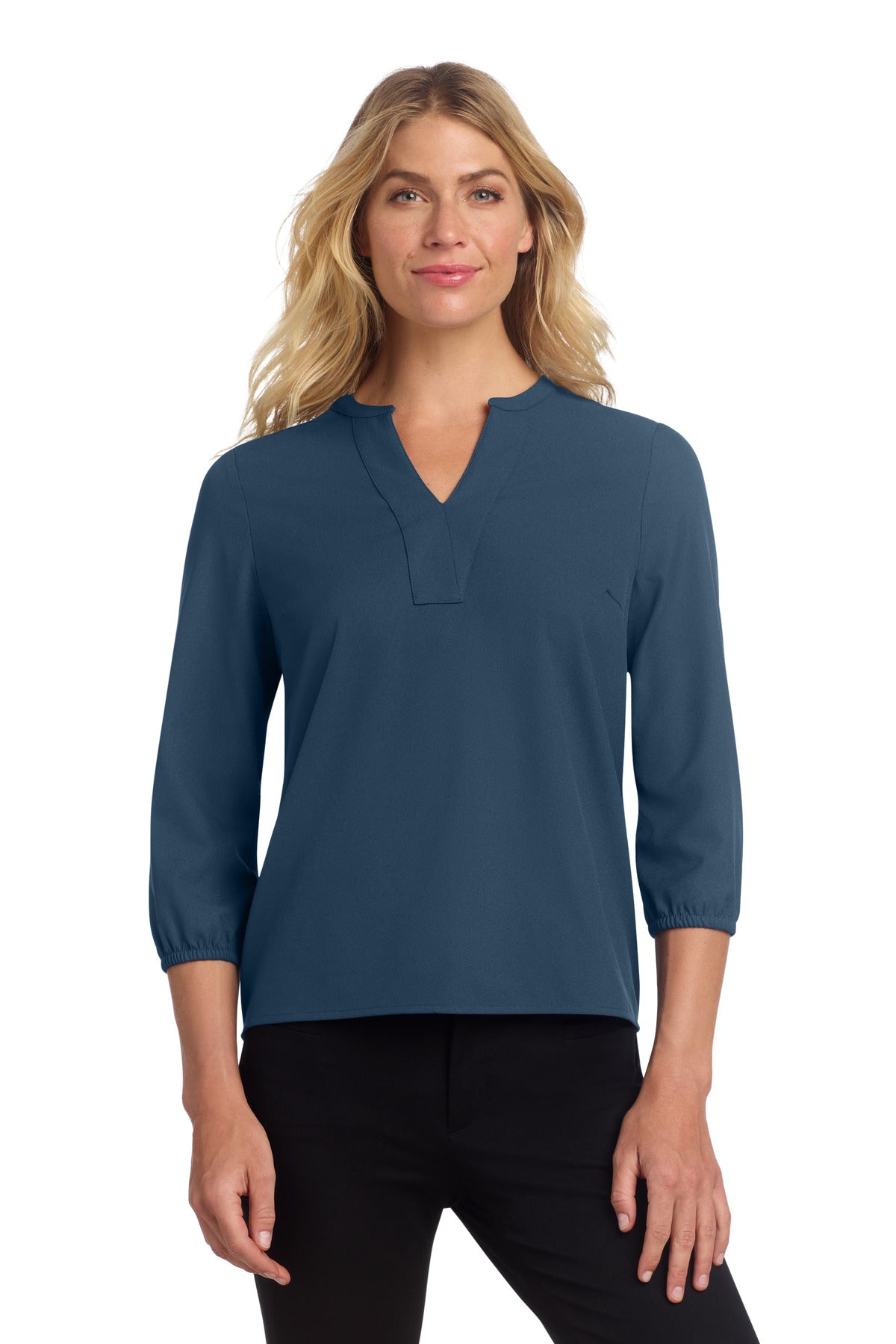 Mercer+Mettle women's stretch crepe 3/4-sleeve blouse in insignia blue, shown on a model from the front.