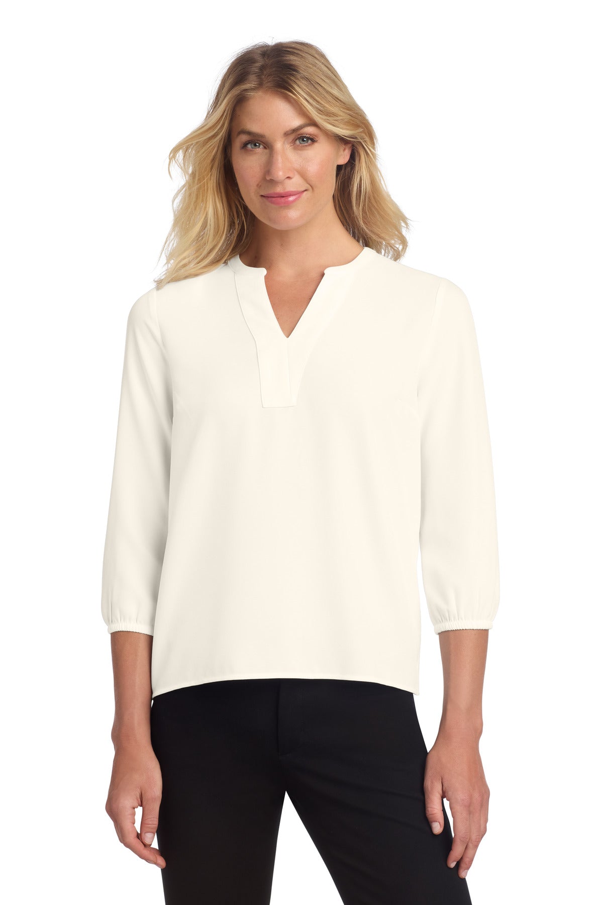 Mercer+Mettle women's ivory stretch crepe 3/4-sleeve blouse, front view, showcasing elegant fit and lightweight chiffon fabric.