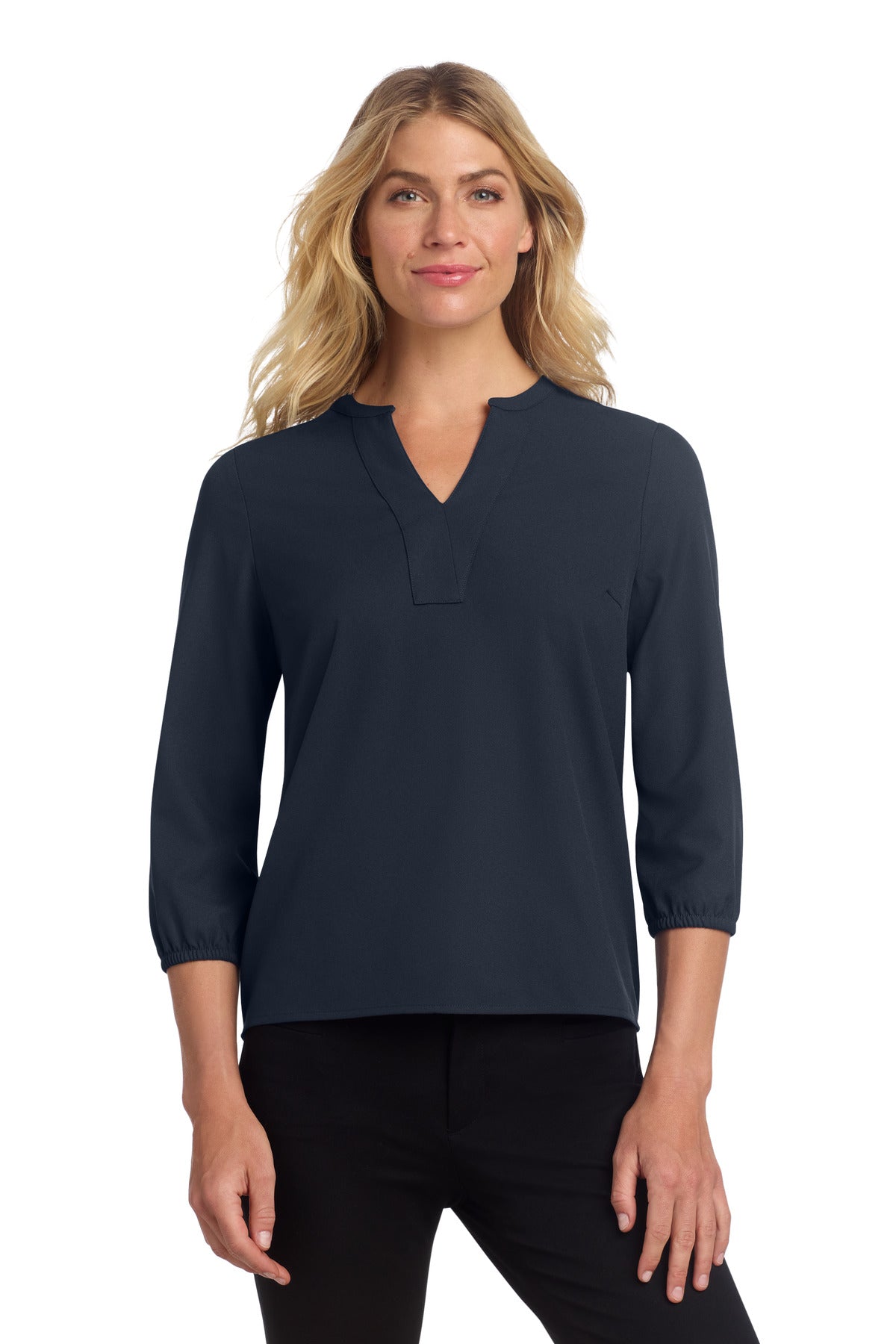 Night navy Mercer+Mettle women's stretch crepe 3/4-sleeve blouse, front view on model showing fitted style and elegant design.