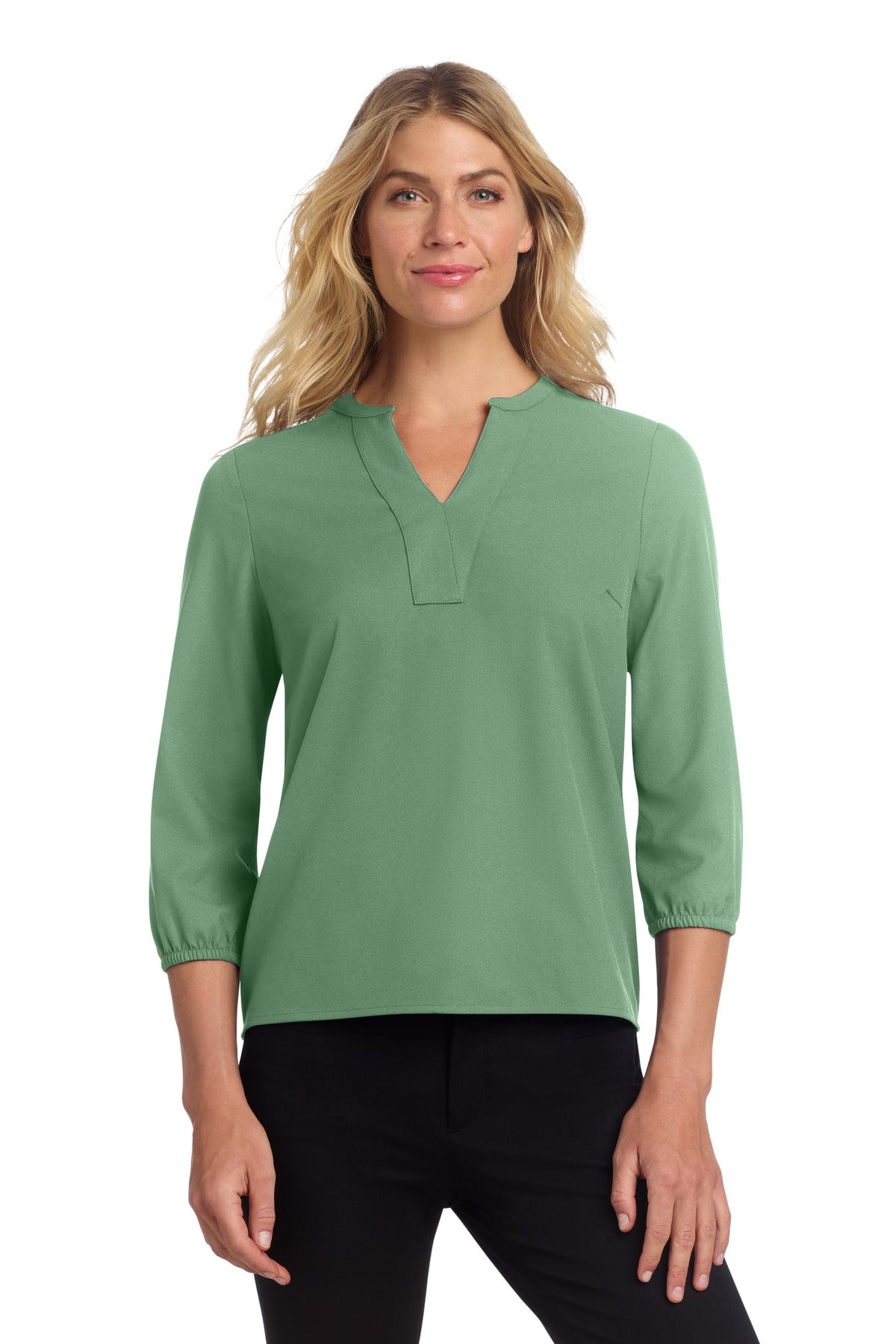 Sage Mercer+Mettle women's stretch crepe 3/4-sleeve blouse, front view showing elegant fit and tailored design.