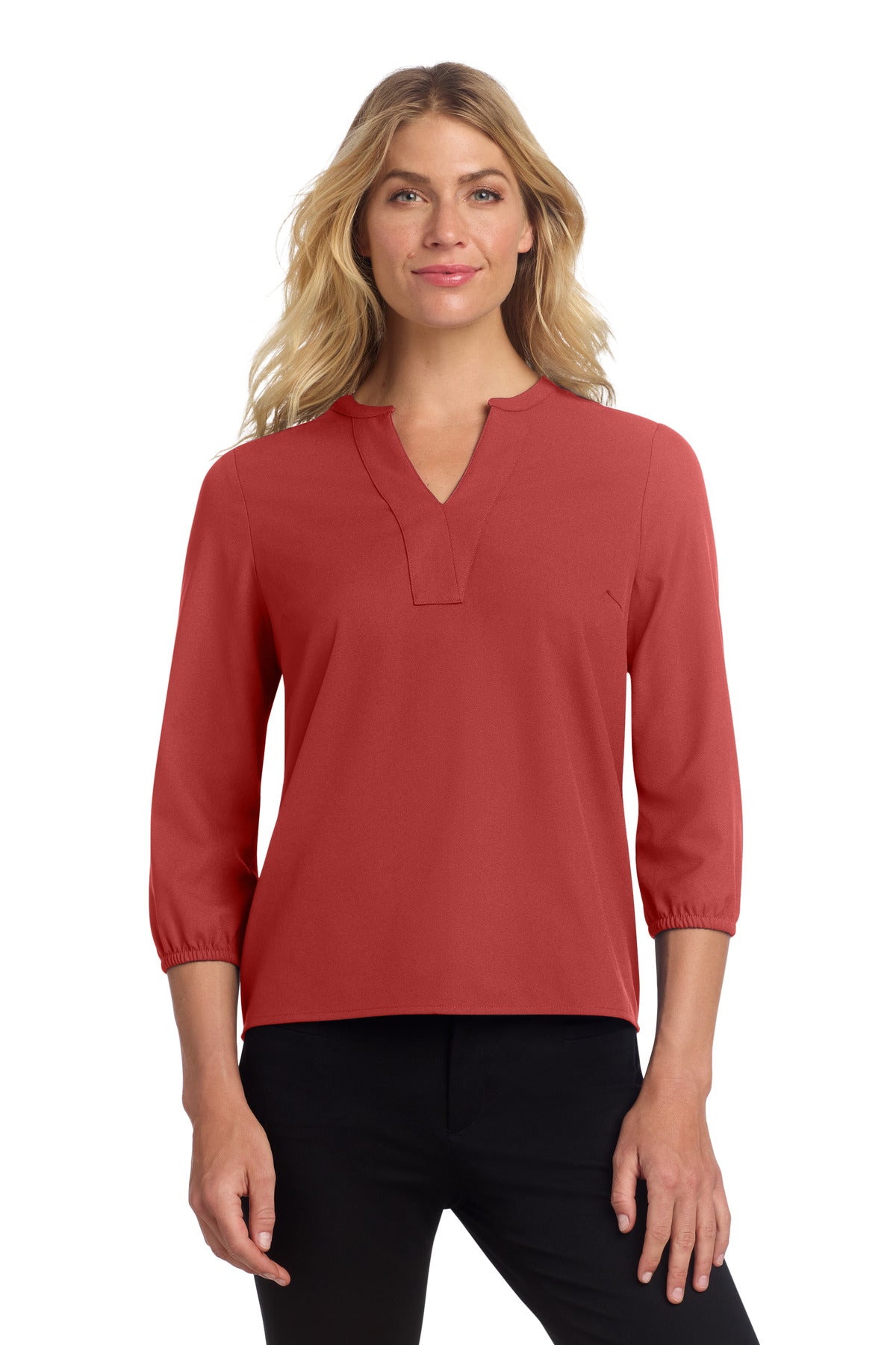 Mercer+Mettle women's stretch crepe 3/4-sleeve blouse in terracotta, front view on a model.