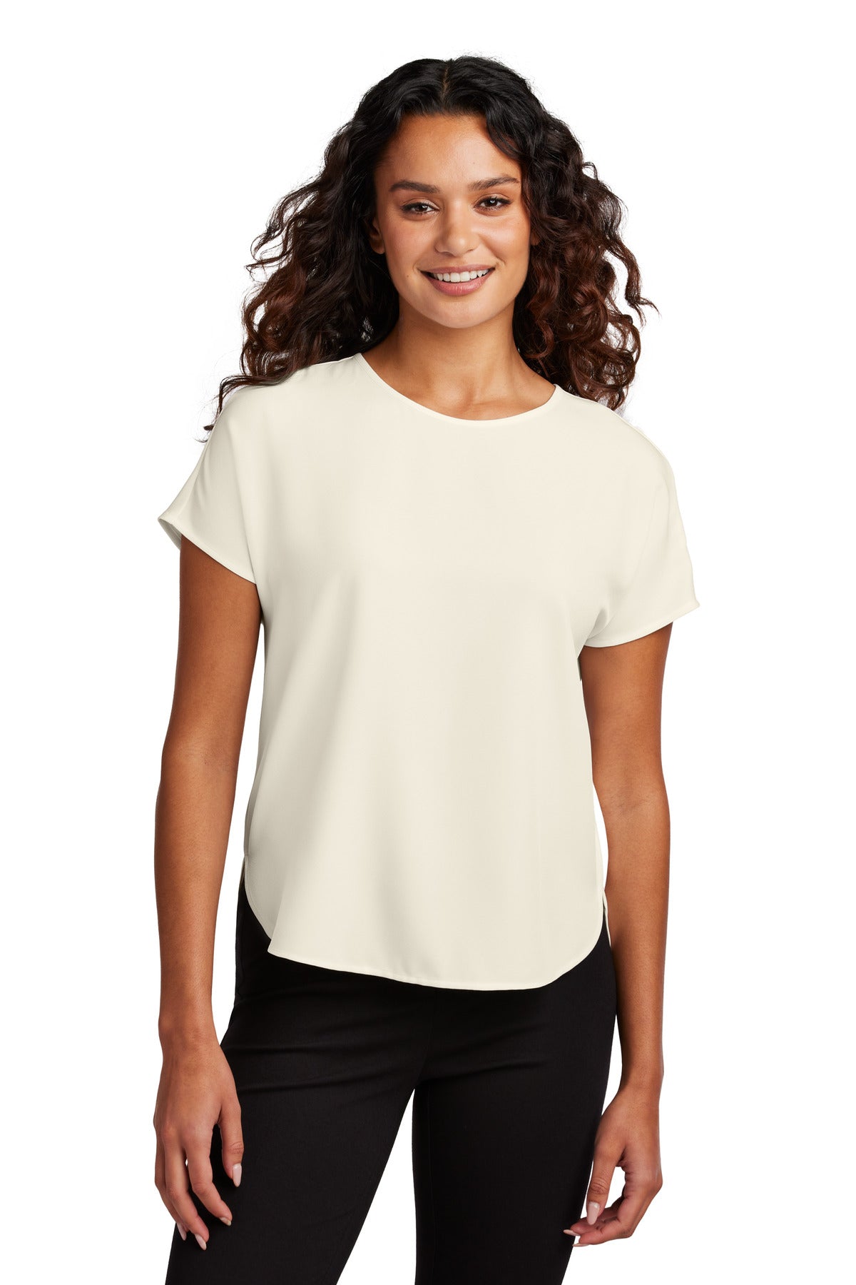 Front view of Mercer+Mettle women's ivory stretch crepe crew top, showcasing its smooth fabric and classic crew neckline.