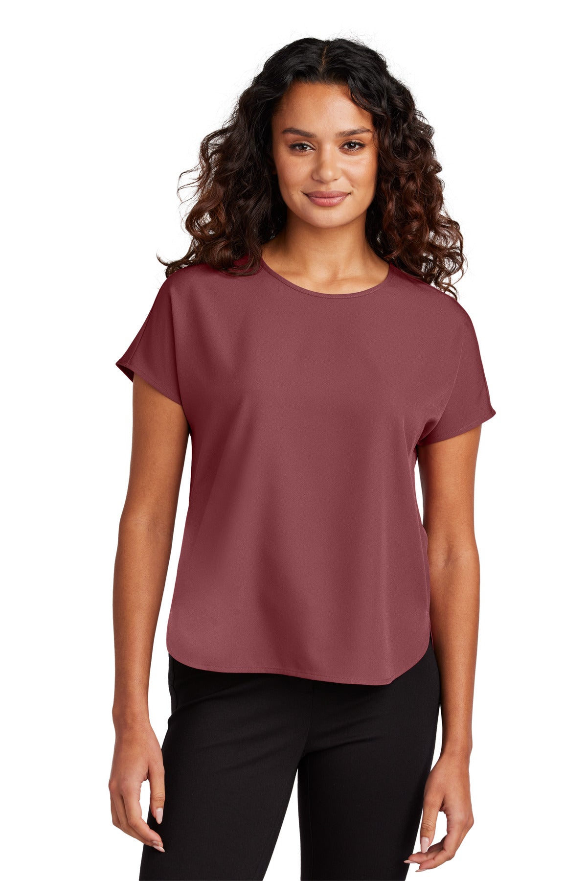Mercer+Mettle women's stretch crepe crew neck top in Rosewood color, front view showing fitted design and smooth fabric.