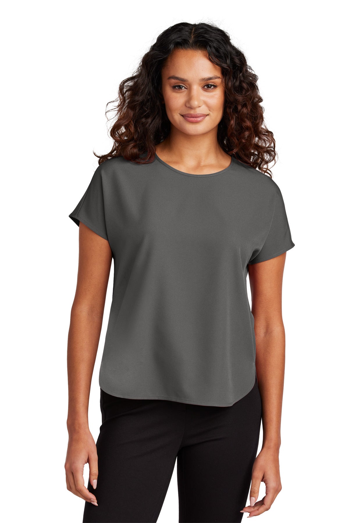 Front view of Mercer+Mettle women's stretch crepe crew neck top in anchorgrey, showcasing fitted style and smooth fabric.