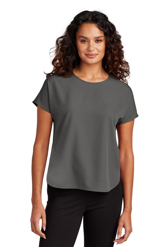Front view of Mercer+Mettle women's stretch crepe crew neck top in anchorgrey, showcasing fitted style and smooth fabric.