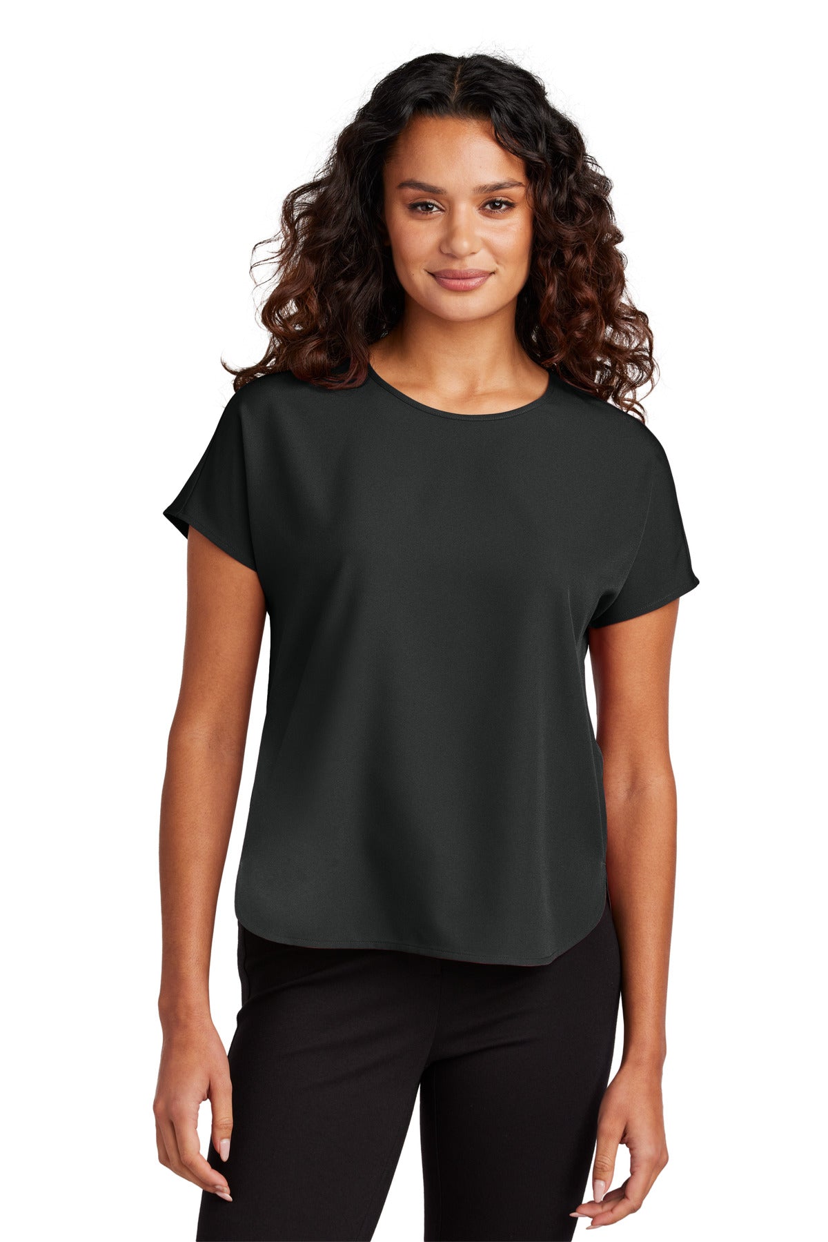 Front view of Mercer+Mettle Women's Stretch Crepe Crew top in deep black, fitted design with long sleeves and crew neckline.