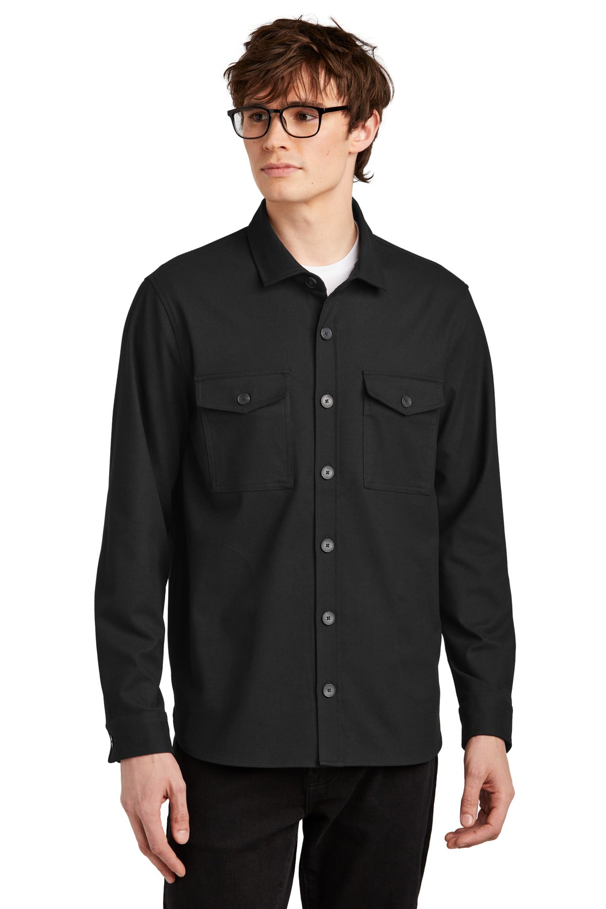 Mercer+Mettle long sleeve twill overshirt in deep black, worn by a model, showcasing front view and tailored fit.