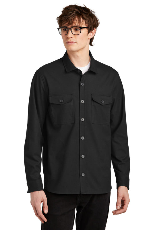 Mercer+Mettle long sleeve twill overshirt in deep black, worn by a model, showcasing front view and tailored fit.