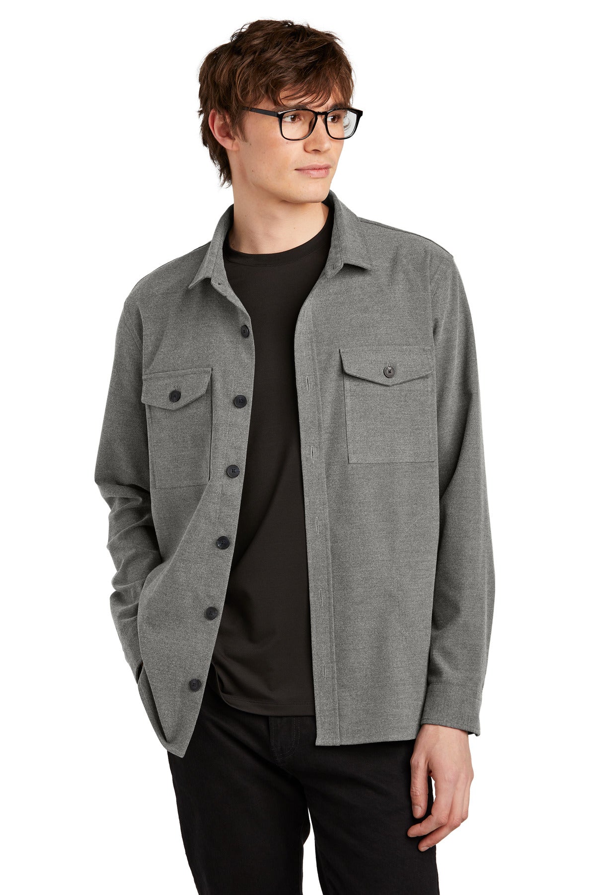 Mercer+Mettle long sleeve twill overshirt in light anchorgrey heather, shown from the front on a model.