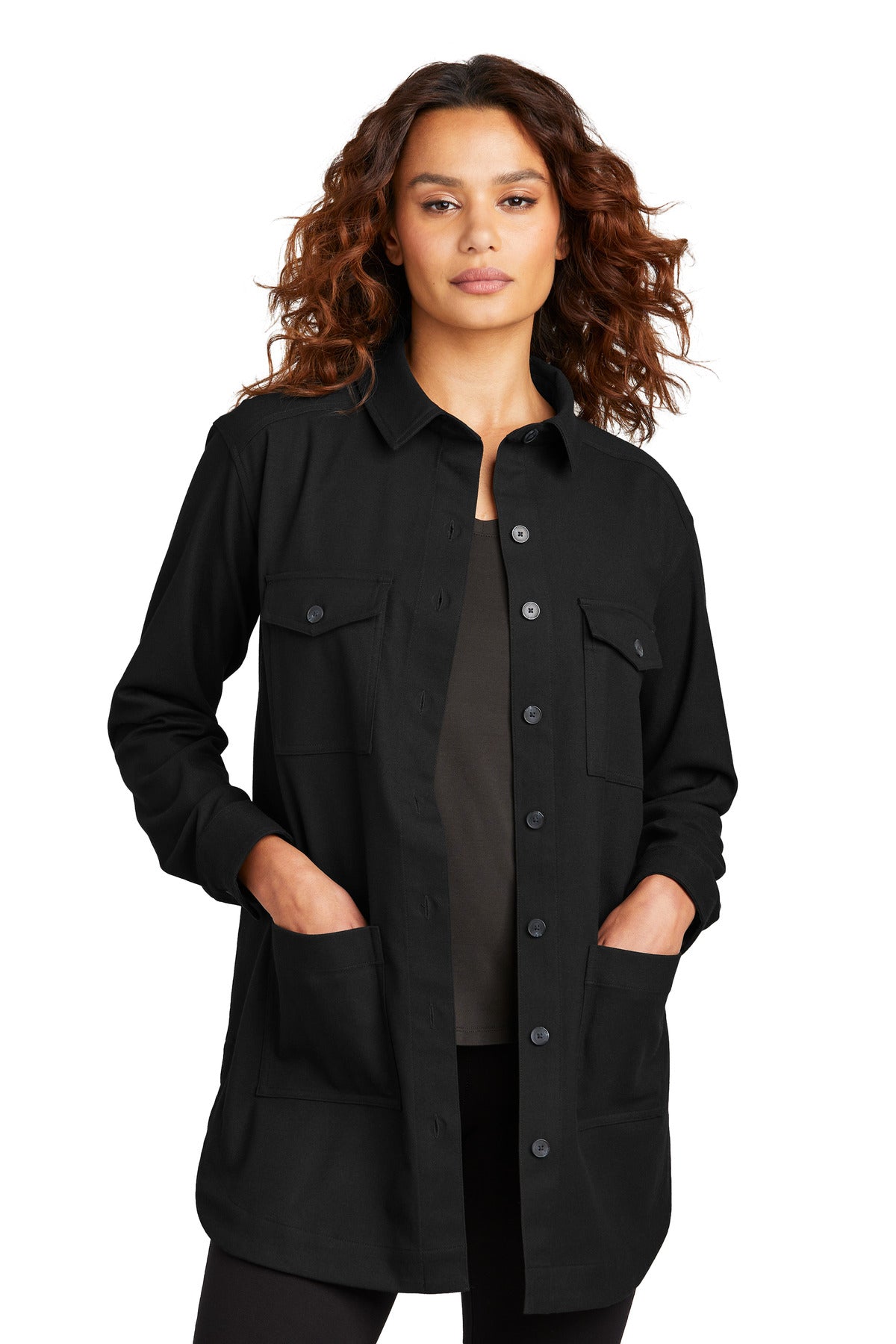 Mercer+Mettle women's long sleeve twill overshirt in deep black, front view, showcasing tailored fit and button details.